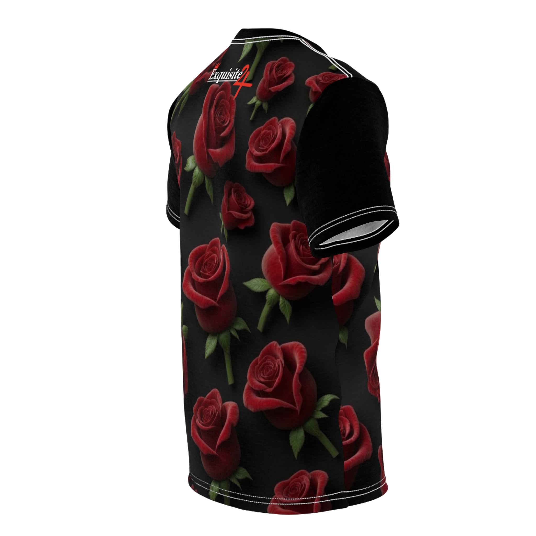 Rose Pattern Tee — Red Roses All-Over Print Black Graphic Shirt