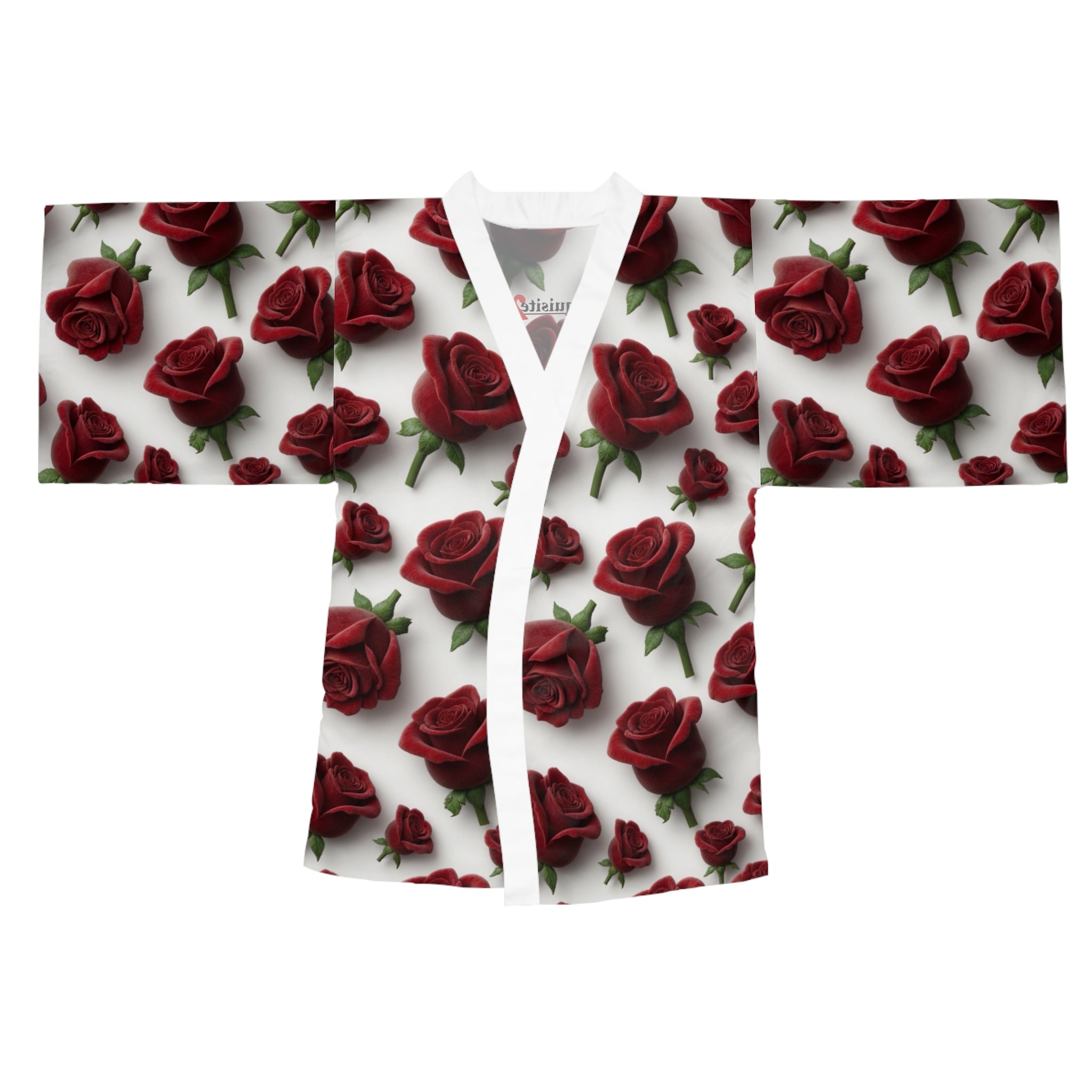 Rose Pattern Kimono Robe — Red Roses All-Over Print Long Sleeve