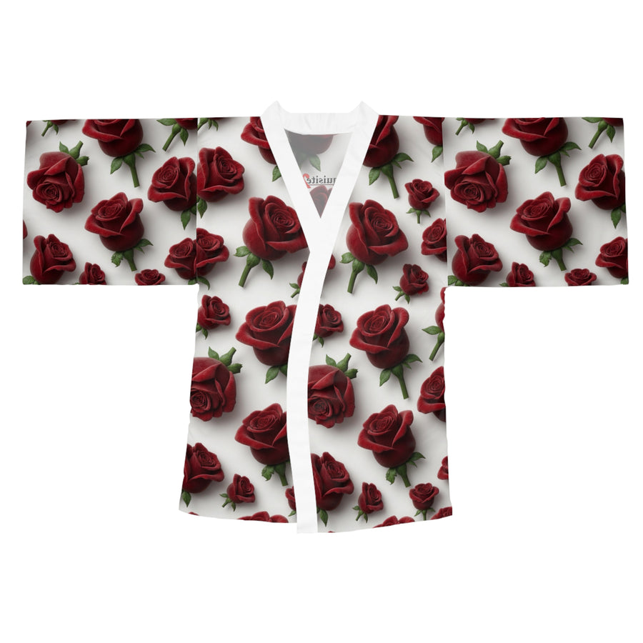 Rose Pattern Kimono Robe — Red Roses All-Over Print Long Sleeve