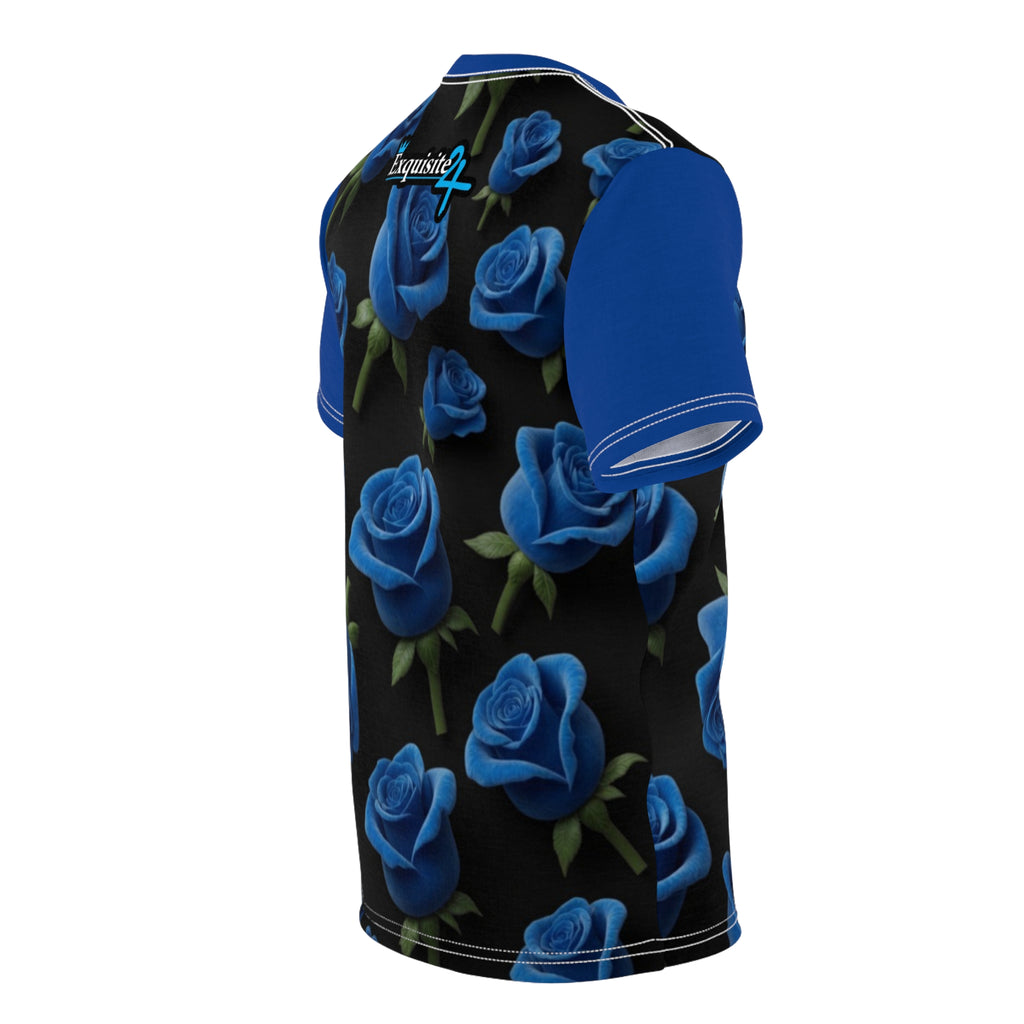 Blue Rose All-Over Print Tee — Floral Black Graphic Shirt