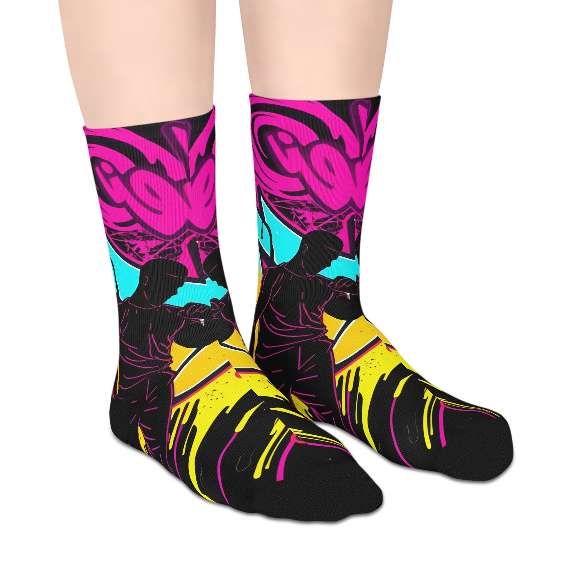 Vibrant Neon Tribal Mid-Length Socks — Bold Pink, Aqua & Yellow Graphic Design