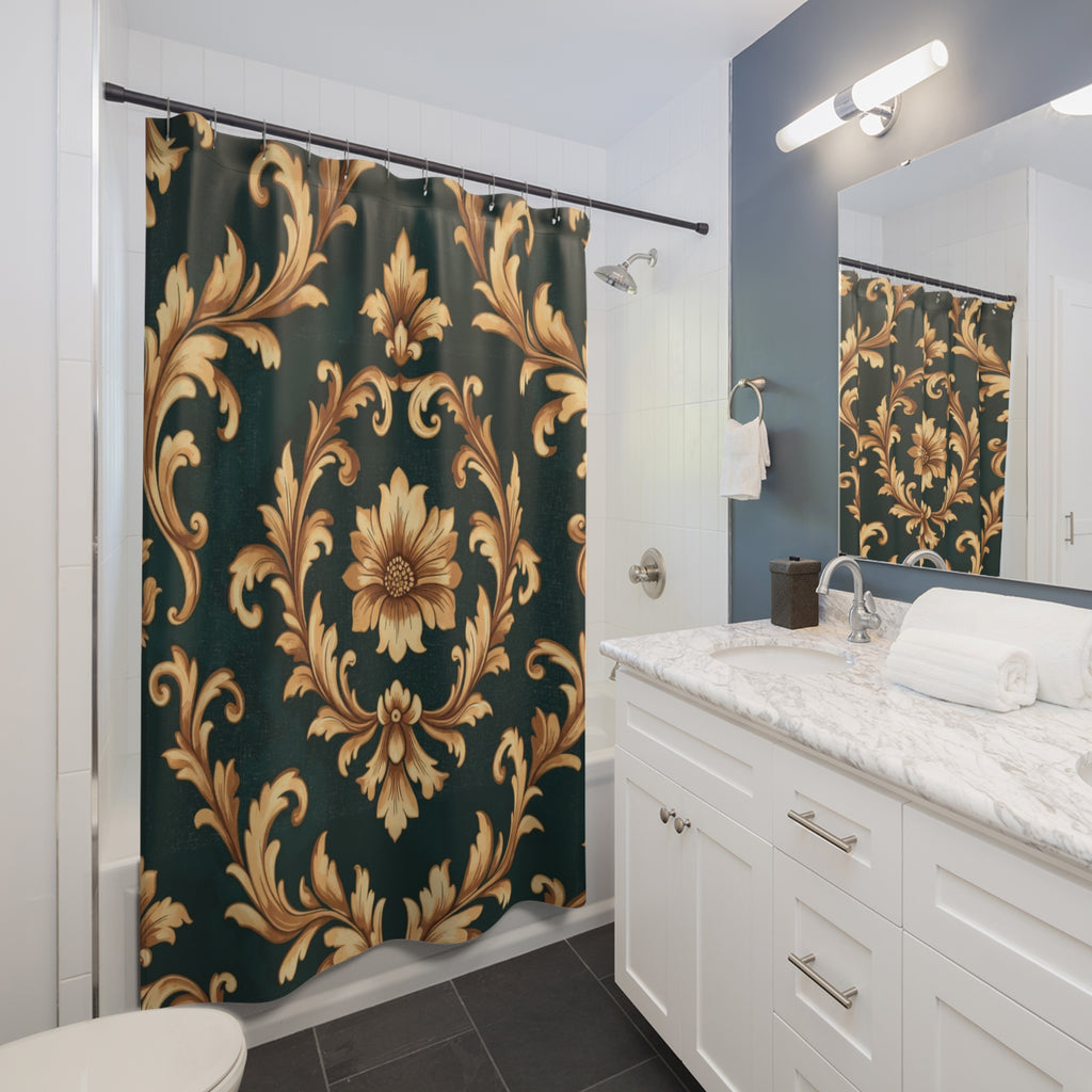 Baroque Floral Shower Curtain — Gold Damask