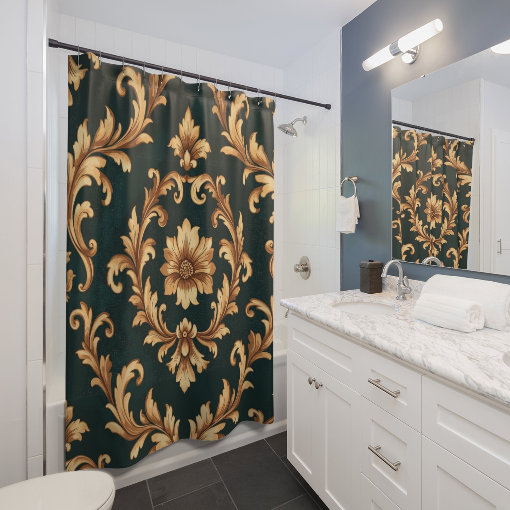 Baroque Floral Shower Curtain — Gold Damask