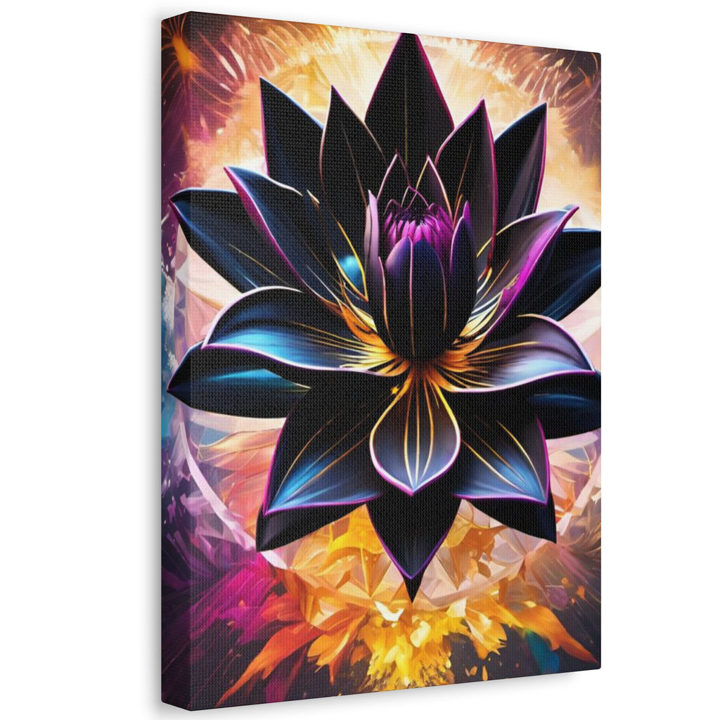Black Lotus Bloom Canvas Wall Art - Vibrant Black & Gold Floral Stretched Canvas