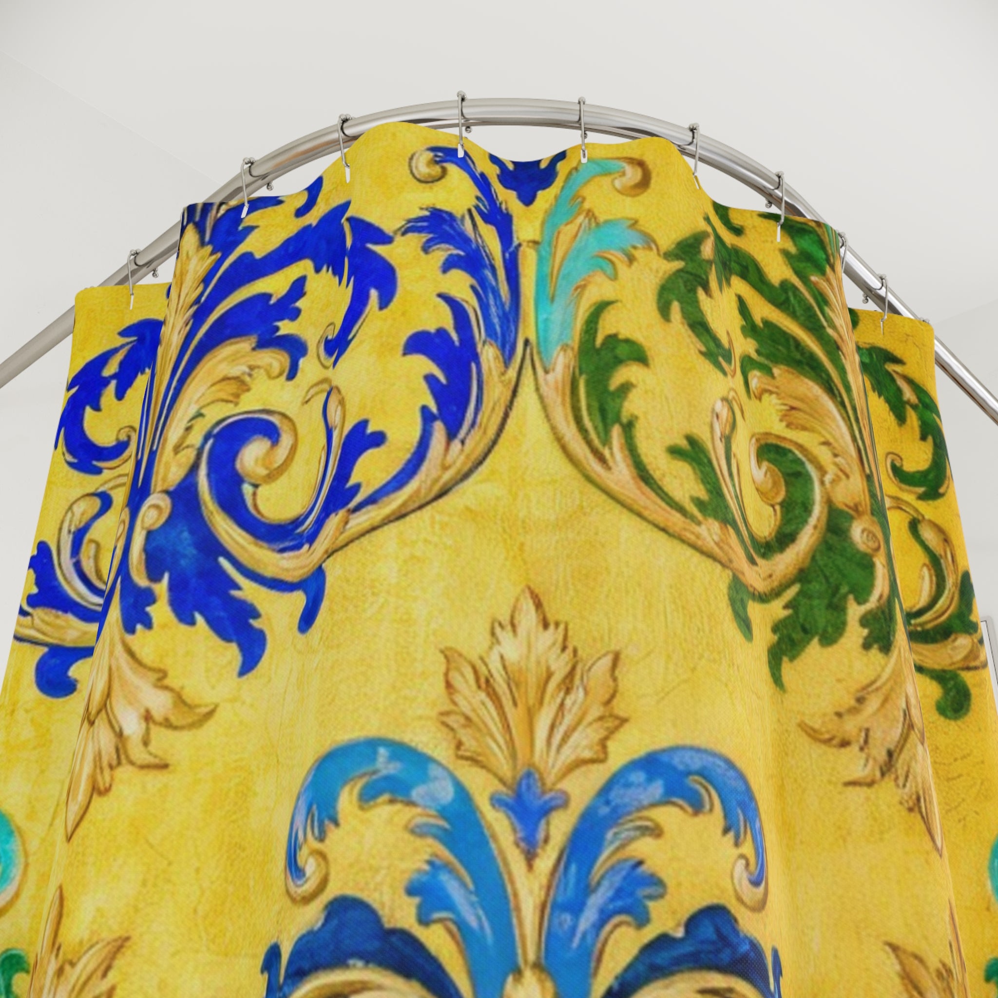 Baroque Fleur-de-Lis Shower Curtain — Gold, Blue & Green Ornamental Bathroom Decor