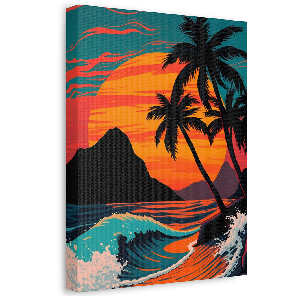 Tropical Sunset Canvas Wall Art — Palm Trees and Ocean Waves Stretched Canvas
