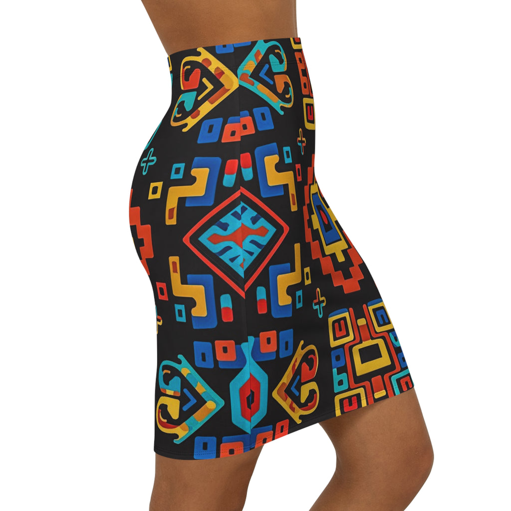 Bold Aztec Geo Pencil Skirt — Colorful Tribal Print Mid‑Waist Skirt