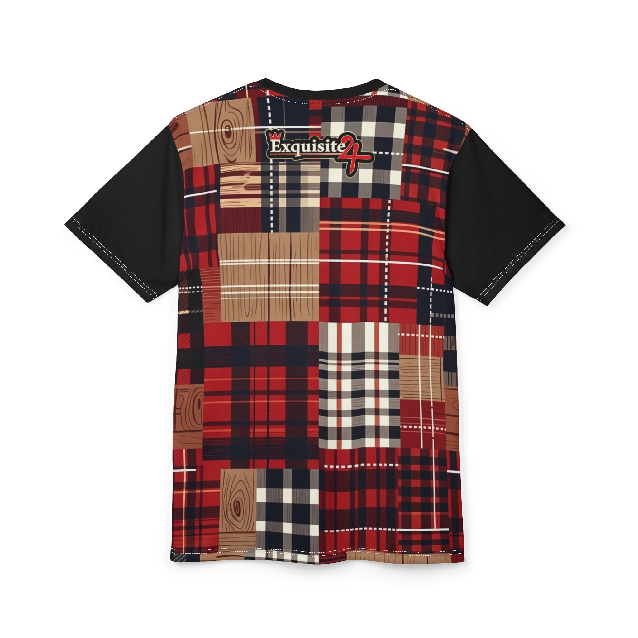 Exquisite 24 Plaid Patchwork Tee — Red Plaid All-Over Print Shirt