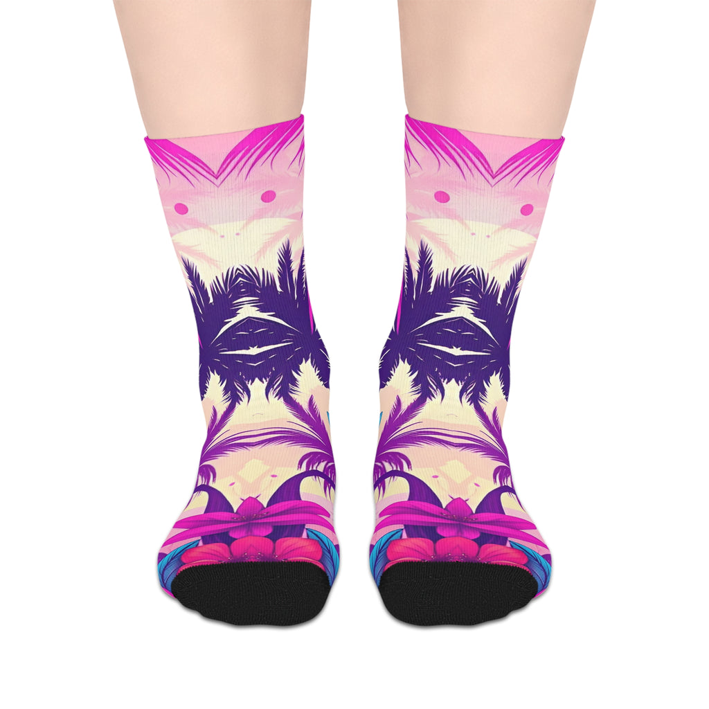 Vibrant Pink Tropical Palm Mid-Length Socks — Bold Summer Vacation Crew Socks