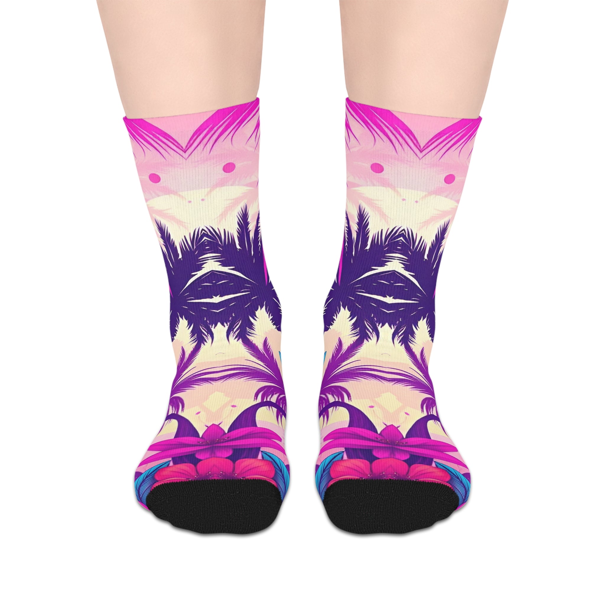 Vibrant Pink Tropical Palm Mid-Length Socks — Bold Summer Vacation Crew Socks