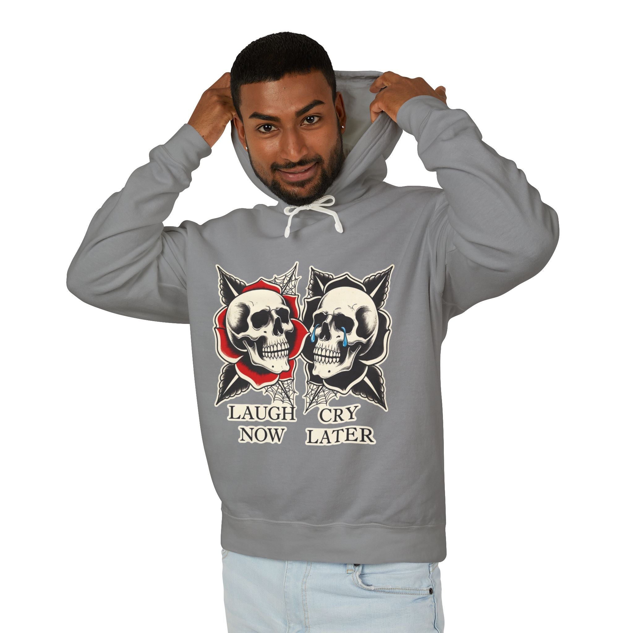 Laugh Now Cry Later Skull Hoodie — Vintage Expressive Skull Hooded Sweatshirt