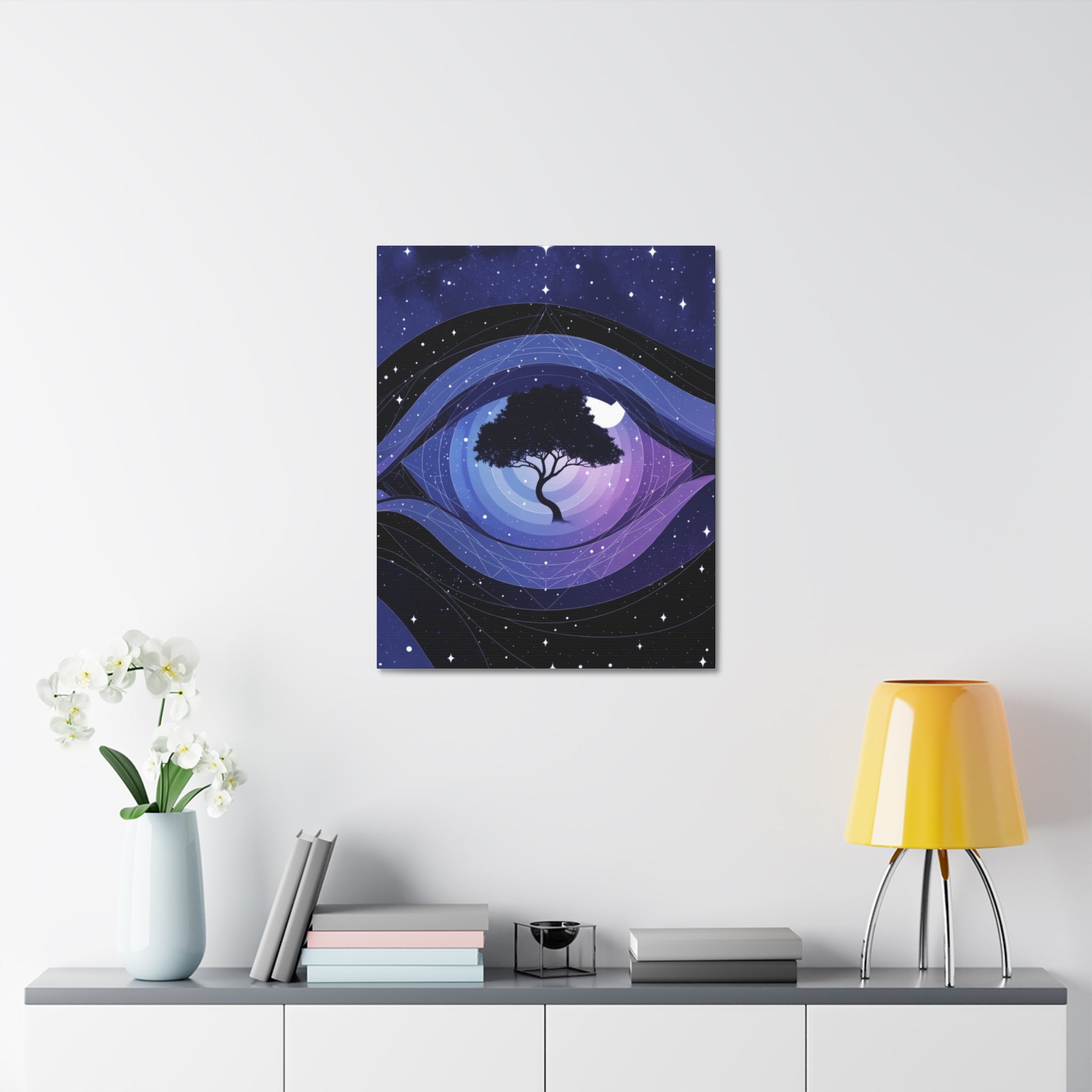 Night Tree Stretched Canvas Wall Art — Mystical Purple Galaxy Eye Design