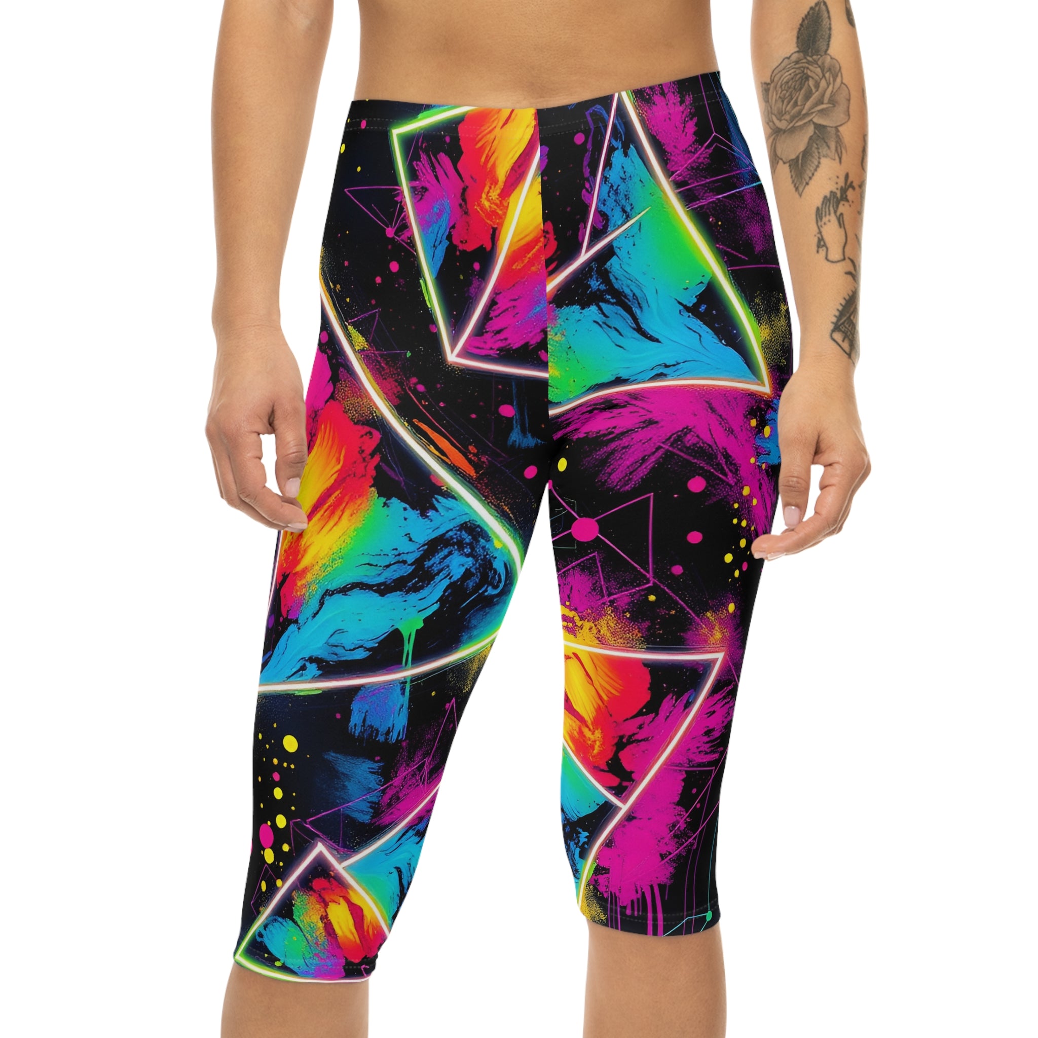 Neon Geo Splash Capri Leggings — Women's Vibrant Abstract Yoga Pants
