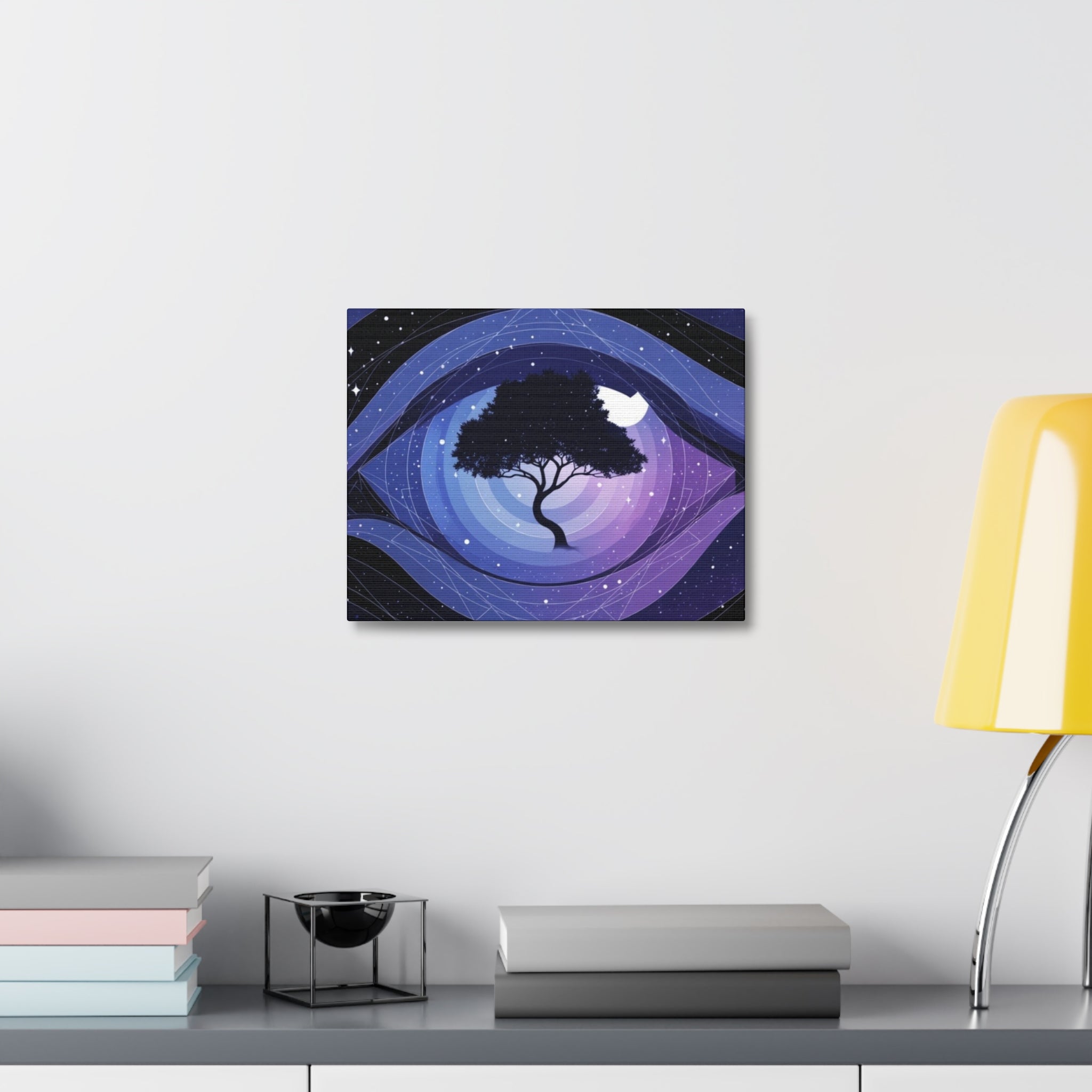 Night Tree Stretched Canvas Wall Art — Mystical Purple Galaxy Eye Design