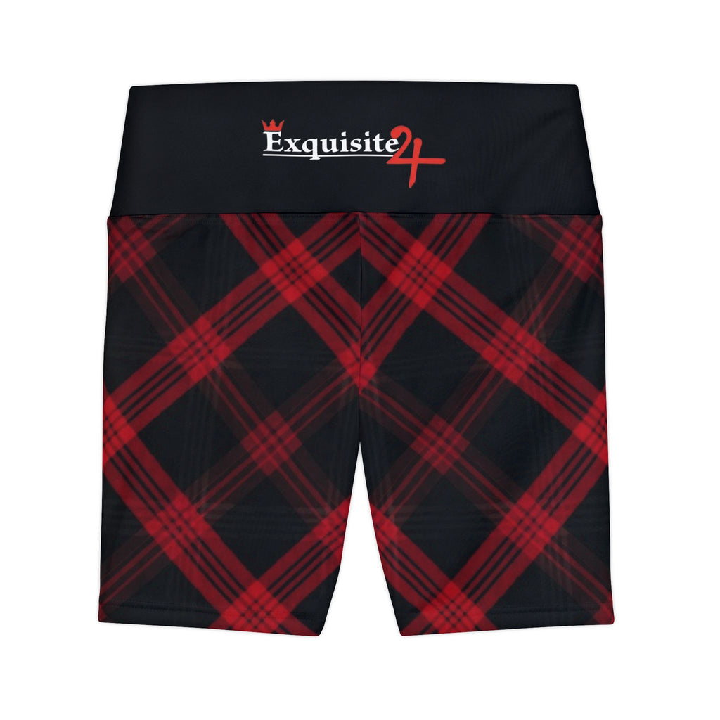 Red Black Plaid Women's Workout Shorts with Logo Waistband