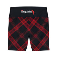 Red Black Plaid Women's Workout Shorts with Logo Waistband
