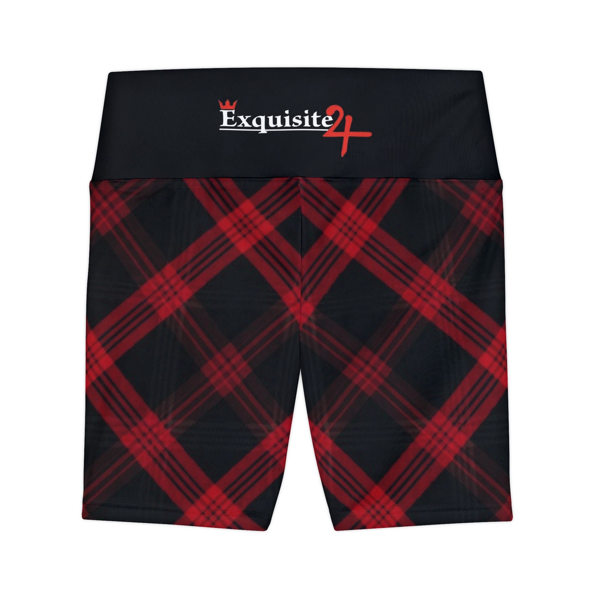 Red Black Plaid Women's Workout Shorts with Logo Waistband