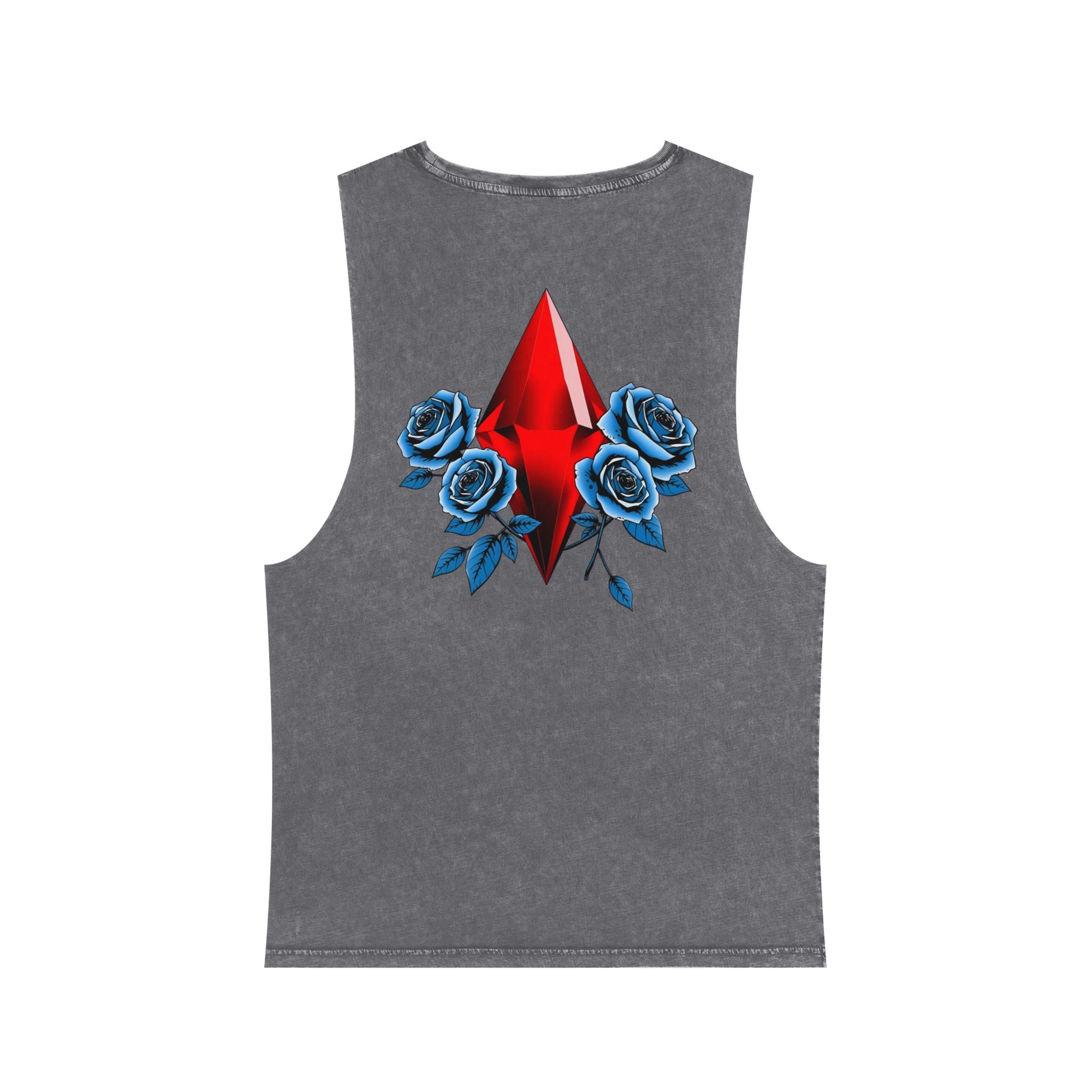 Exquisite 24 'Royalty Within' Stonewash Tank Top — Red Jewel & Blue Roses Graphic