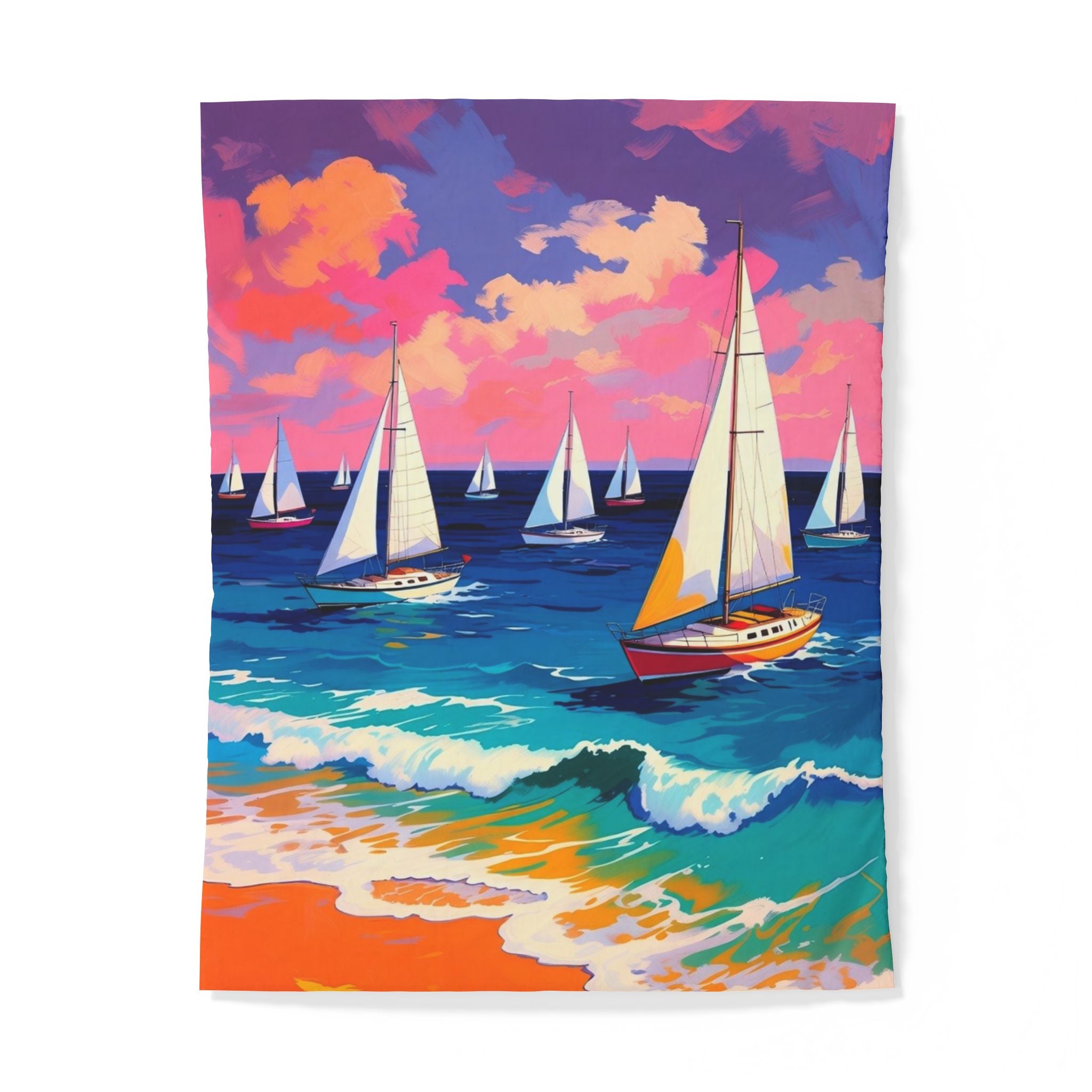 Sailboat Seascape Cotton Duvet Cover — Colorful Ocean Waves Beach Bedding