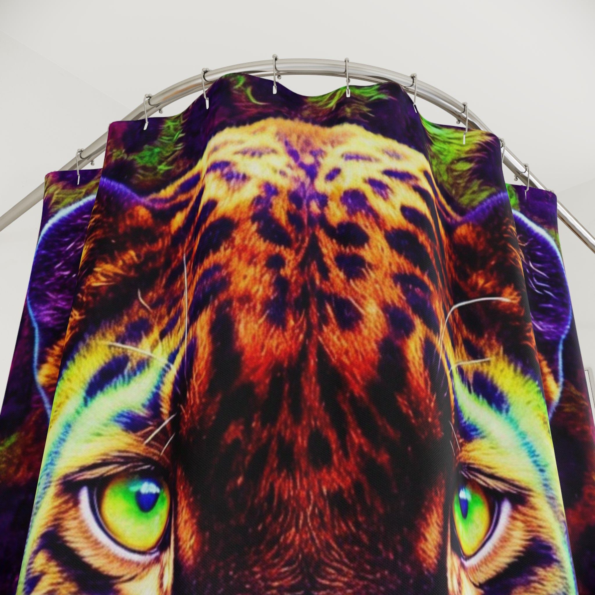 Leopard Gaze Shower Curtain — Vibrant Neon Jungle Tiger Bathroom Decor