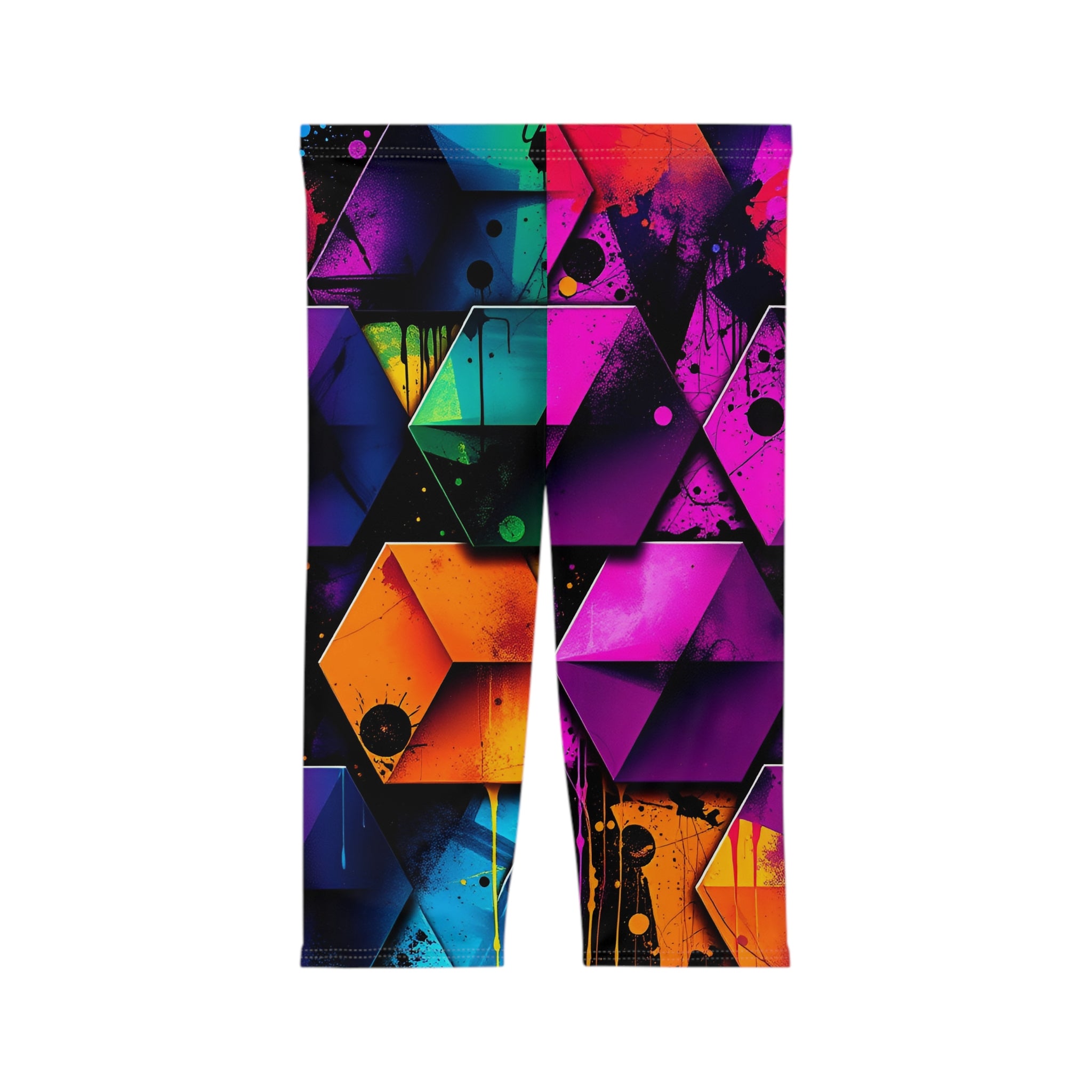 Neon Geometric Capri Leggings — Vibrant Abstract 80s Retro Fitness Crop