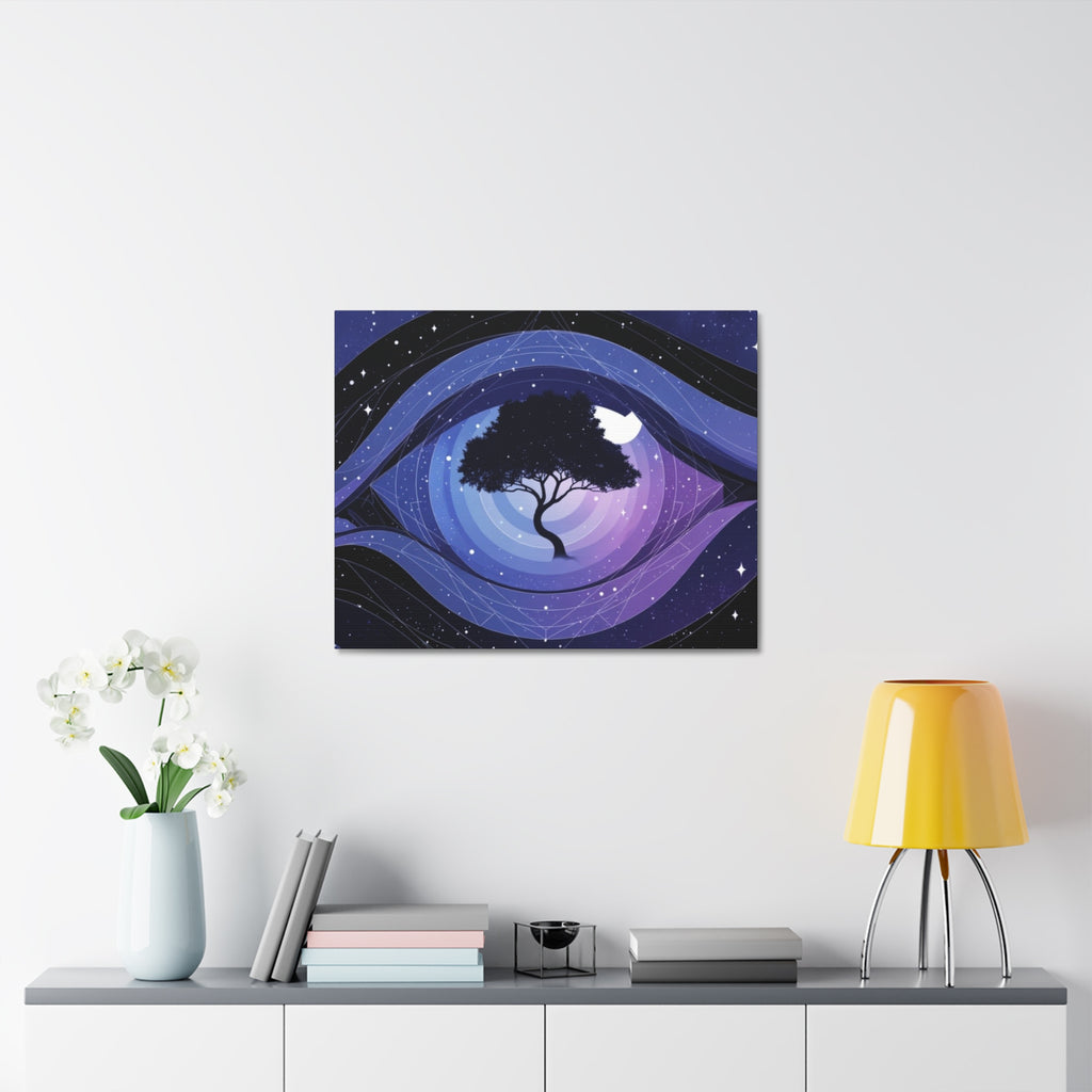 Night Tree Stretched Canvas Wall Art — Mystical Purple Galaxy Eye Design