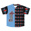 Split-Panel Baseball Jersey with Red Diamond & Blue Roses Pattern