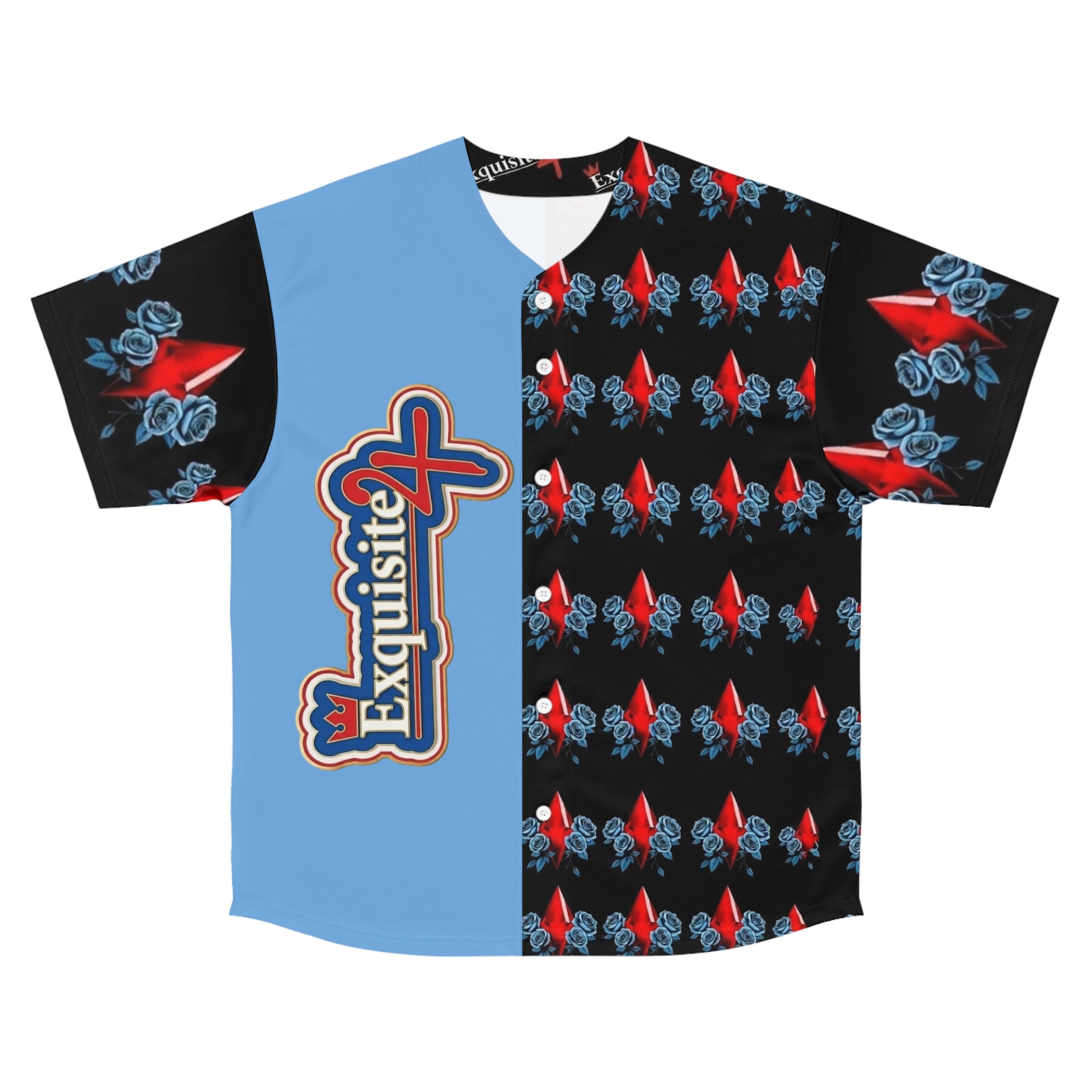Split-Panel Baseball Jersey with Red Diamond & Blue Roses Pattern