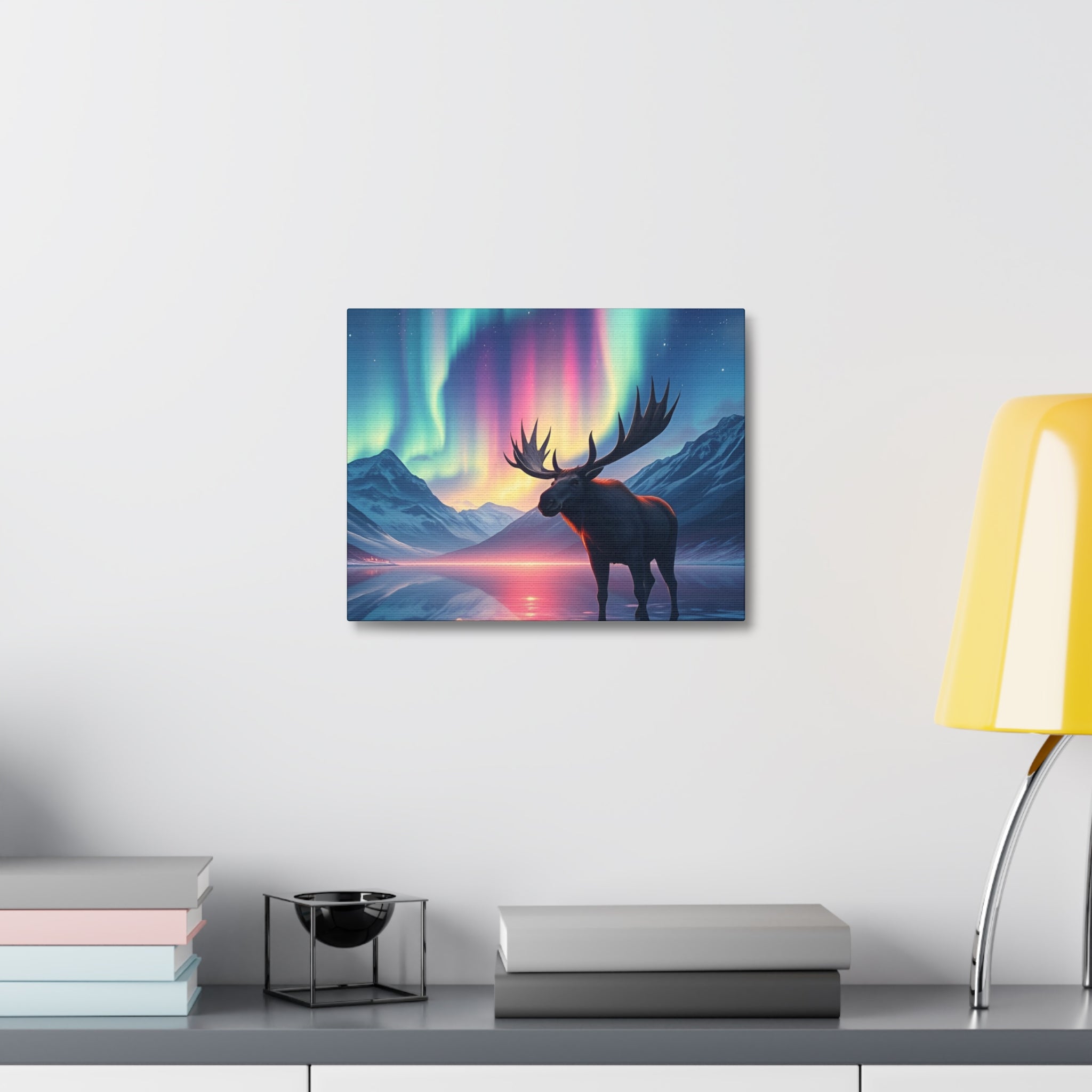 Aurora Moose Stretched Canvas – Northern Lights Landscape Wall Art