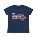 Exquisite 24 Sticker Logo Women's Graphic Tee – Blue with White and Red Rim