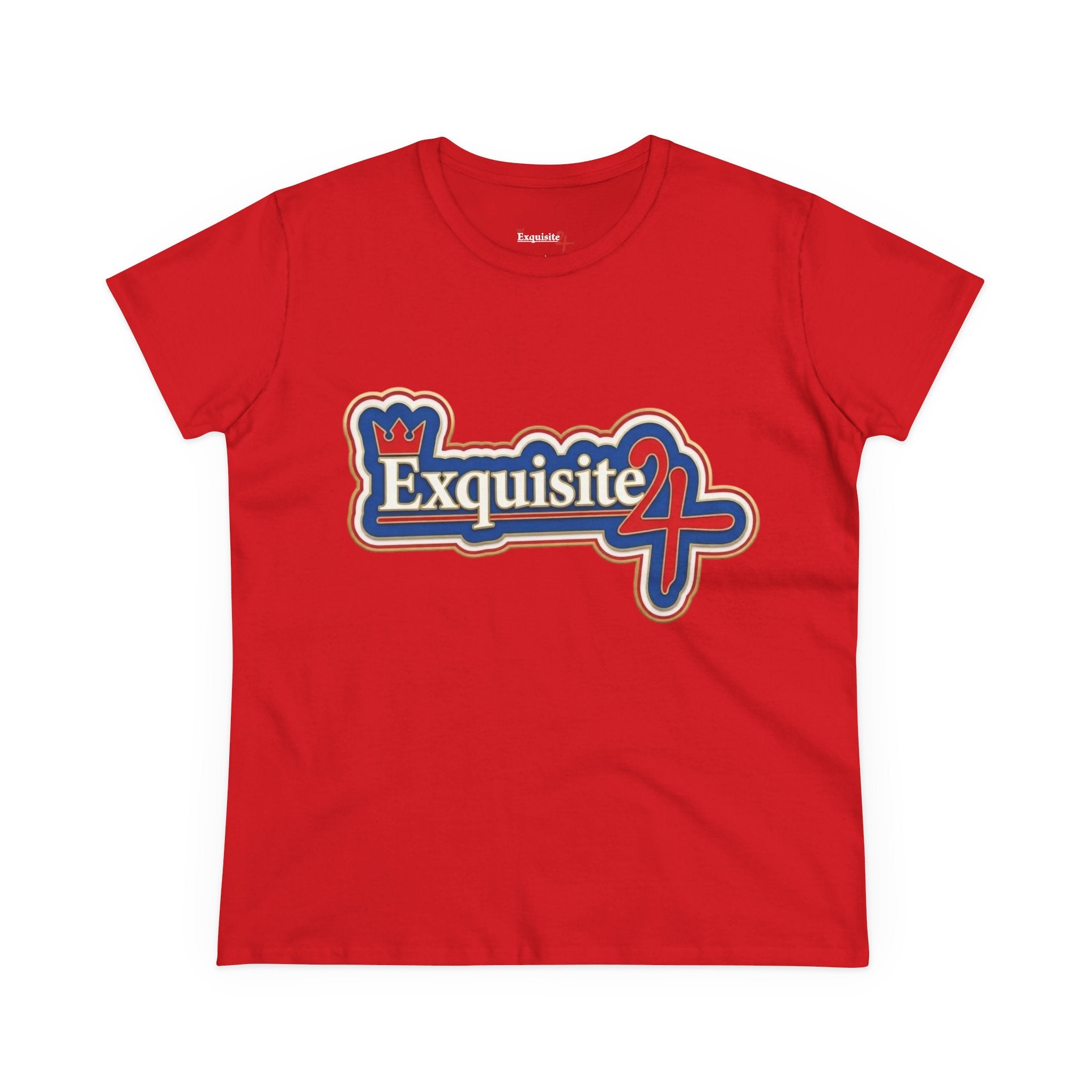 Exquisite 24 Sticker Logo Women's Graphic Tee – Blue with White and Red Rim