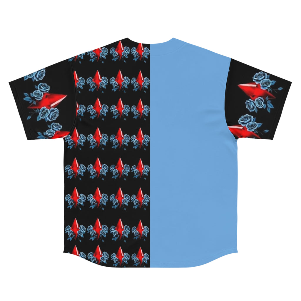 Split-Panel Baseball Jersey with Red Diamond & Blue Roses Pattern