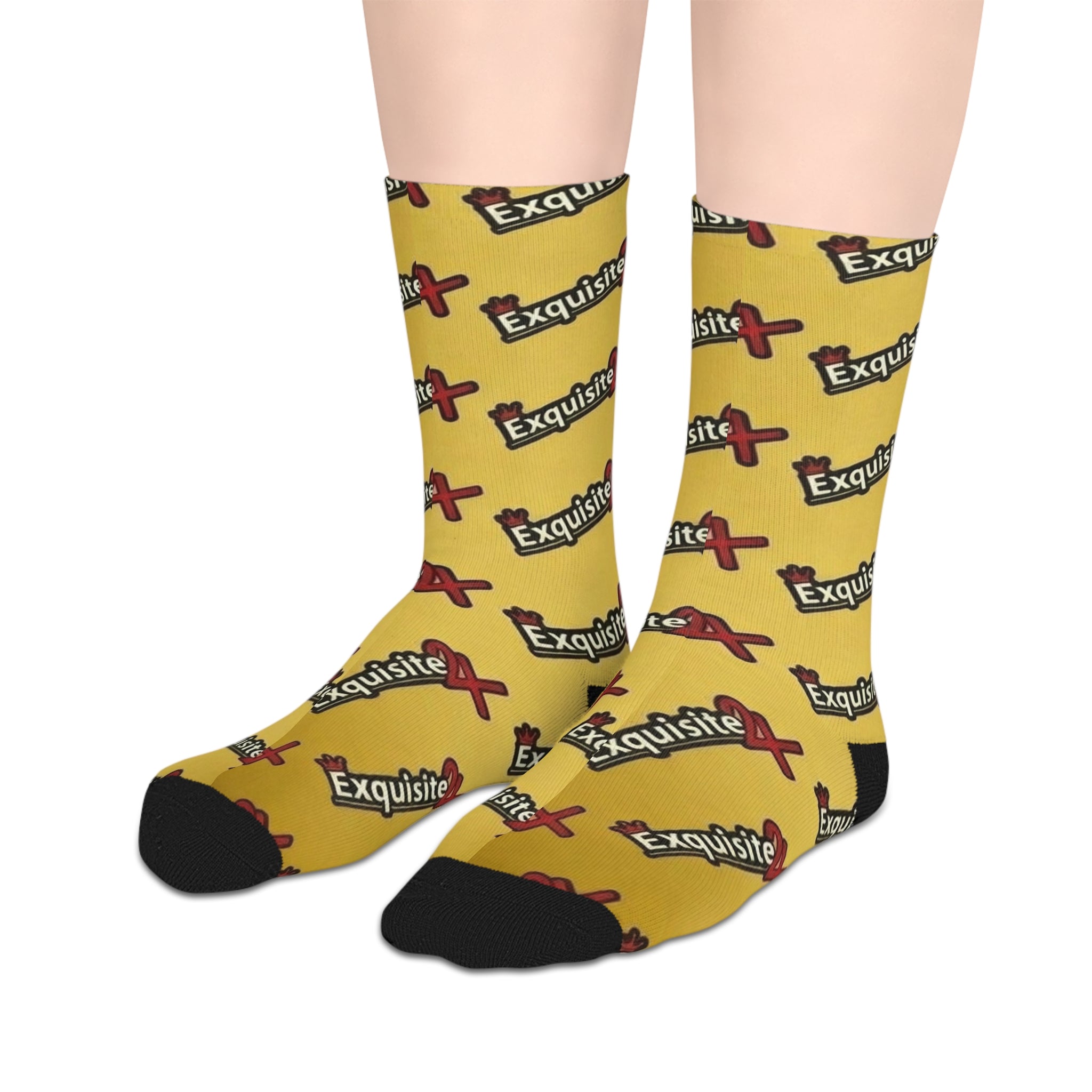 Exquisite 24 Logo Gold Mid-Length Socks — Bold Retro Brand Pattern