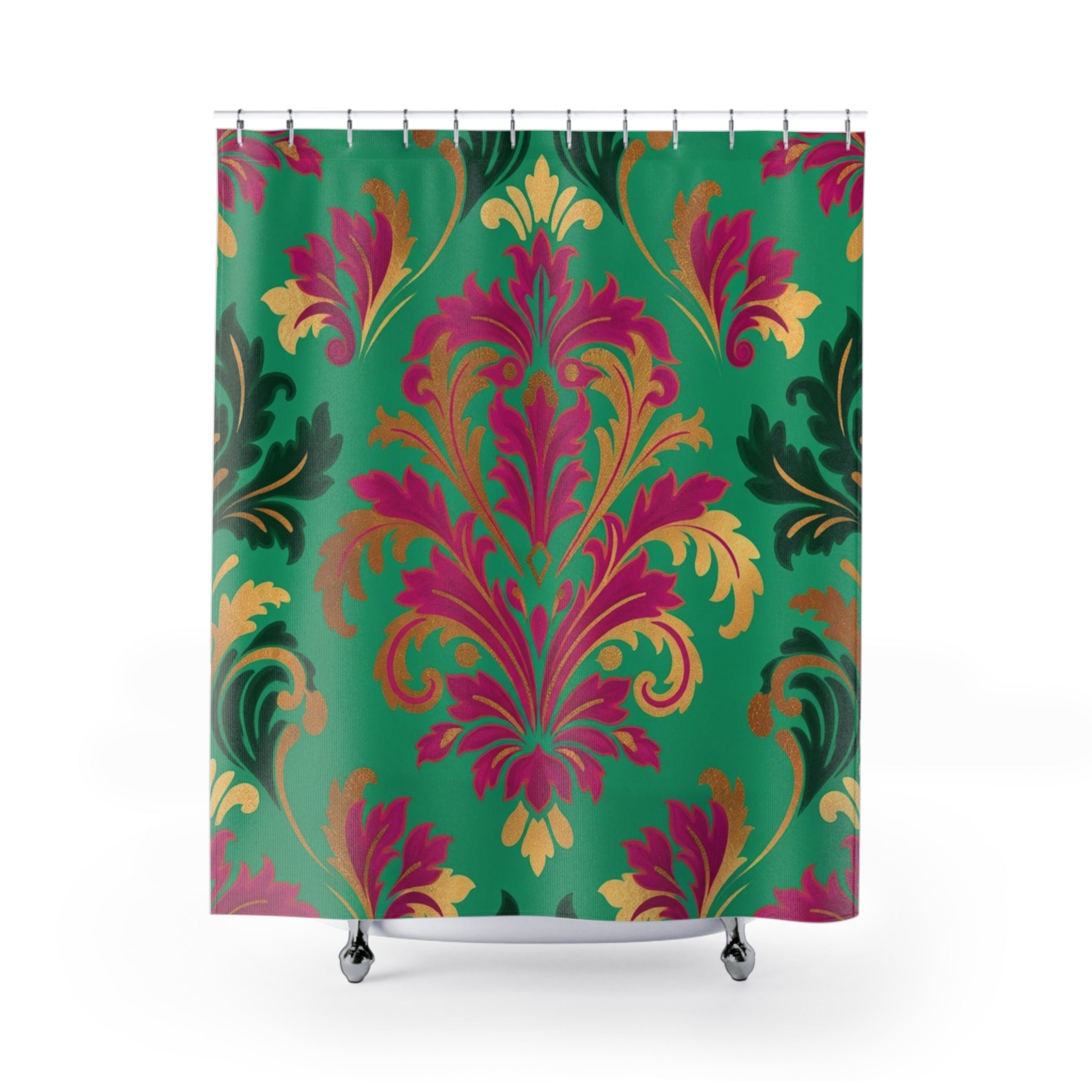 Damask Shower Curtain — Teal, Fuchsia & Gold Vintage Floral Bath Décor
