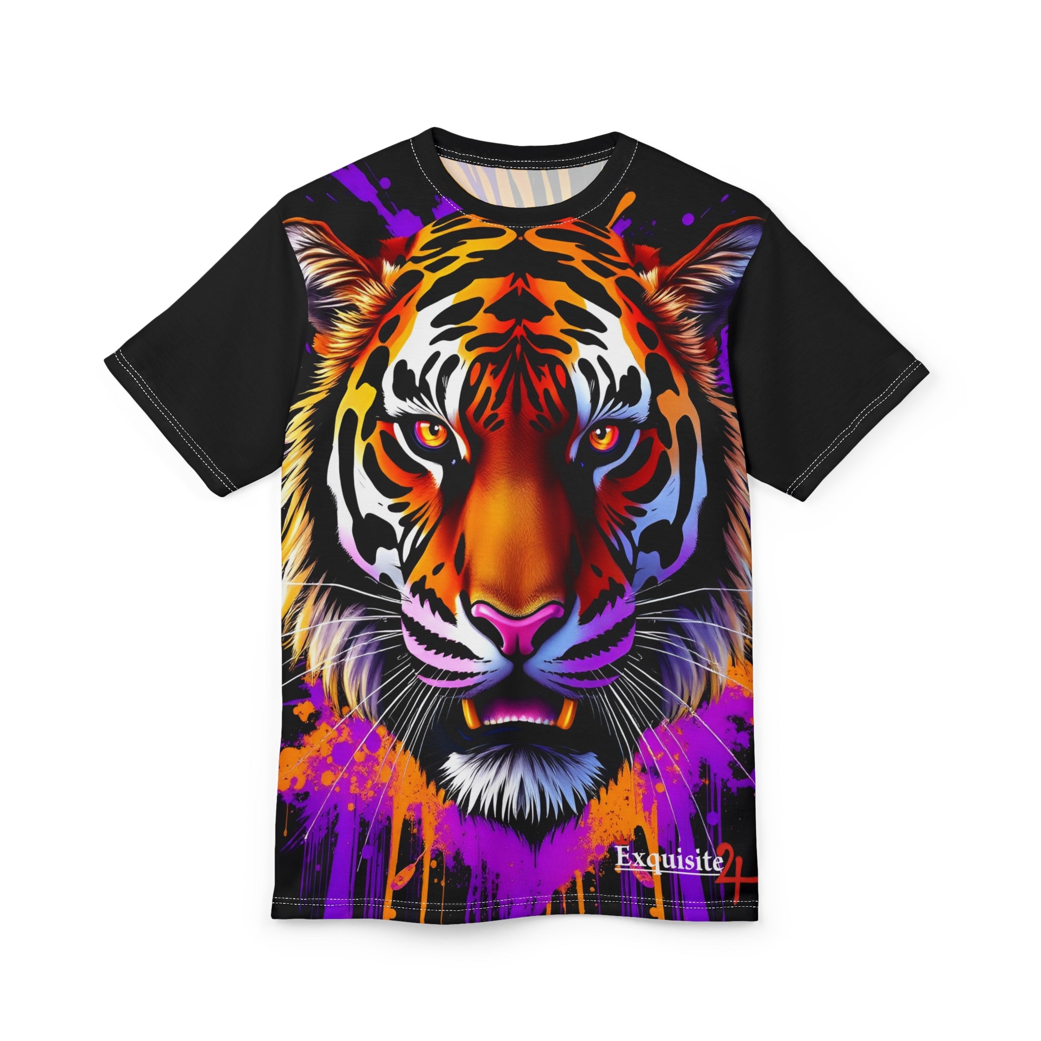 Tiger Face Graphic Tee — Neon Paint Splash All-Over Print