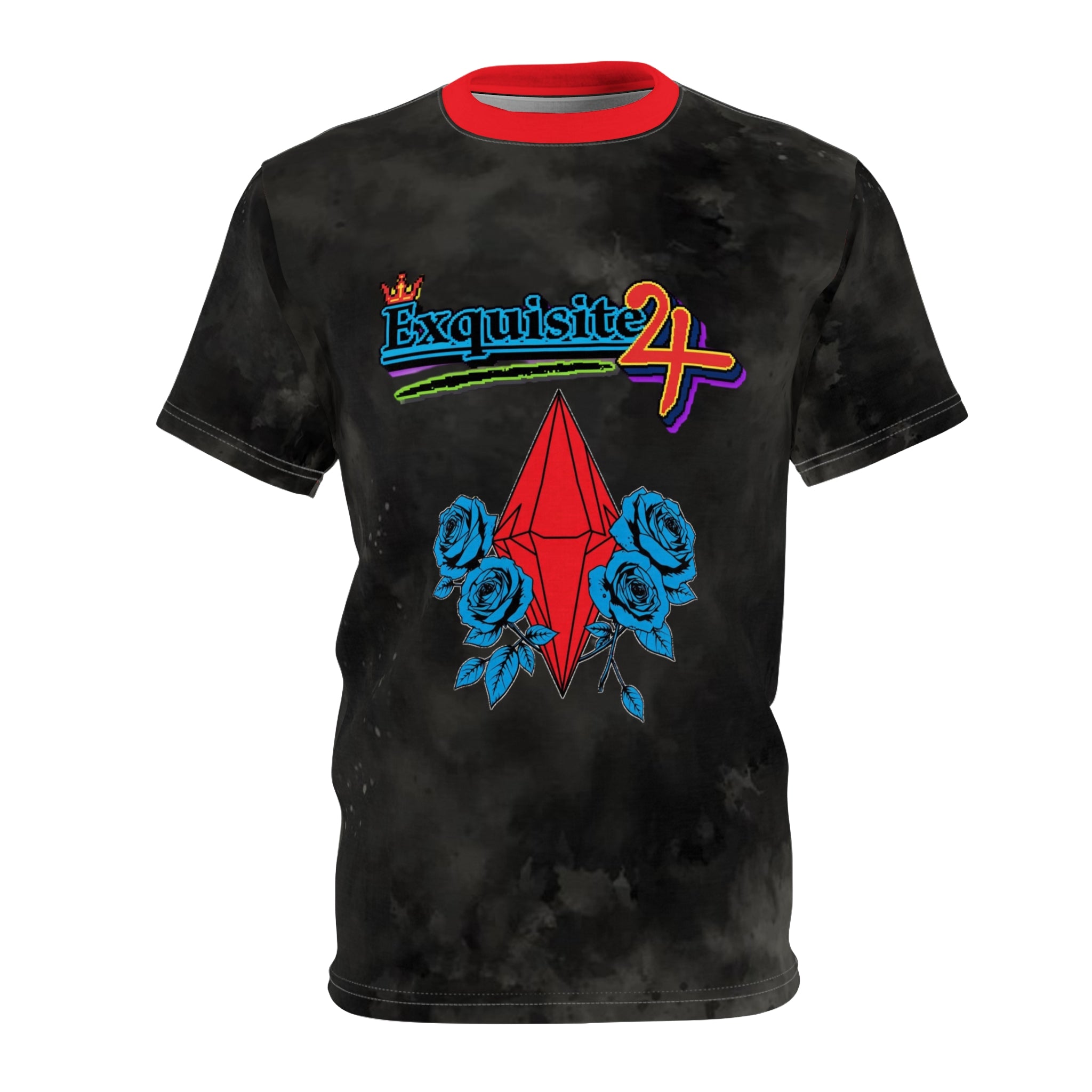 Exquisite 24 Retro Graphic Tee — Red Gem & Blue Roses All-Over Print