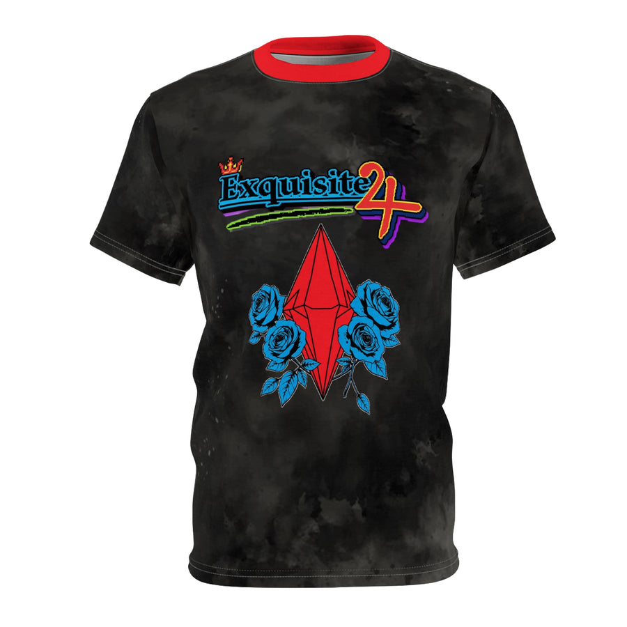 Exquisite 24 Retro Graphic Tee — Red Gem & Blue Roses All-Over Print