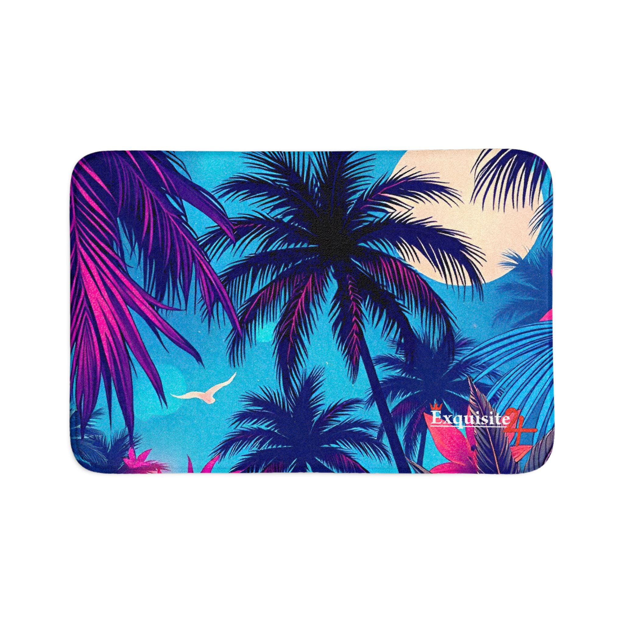 Tropical Palm Bathroom Three-Piece Set - Floral Beach Toilet Lid, Contour Mat & Bath Rug