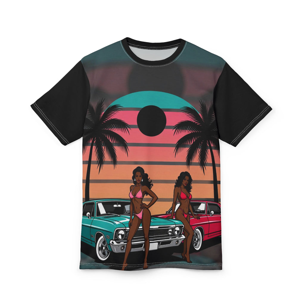 Retro Beach Pinup Tee — Vintage Cars, Palm Trees & Sunset Vibes