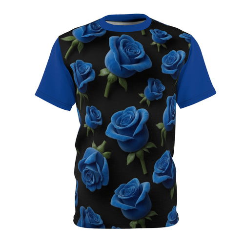 Blue Rose All-Over Print Tee — Floral Black Graphic Shirt
