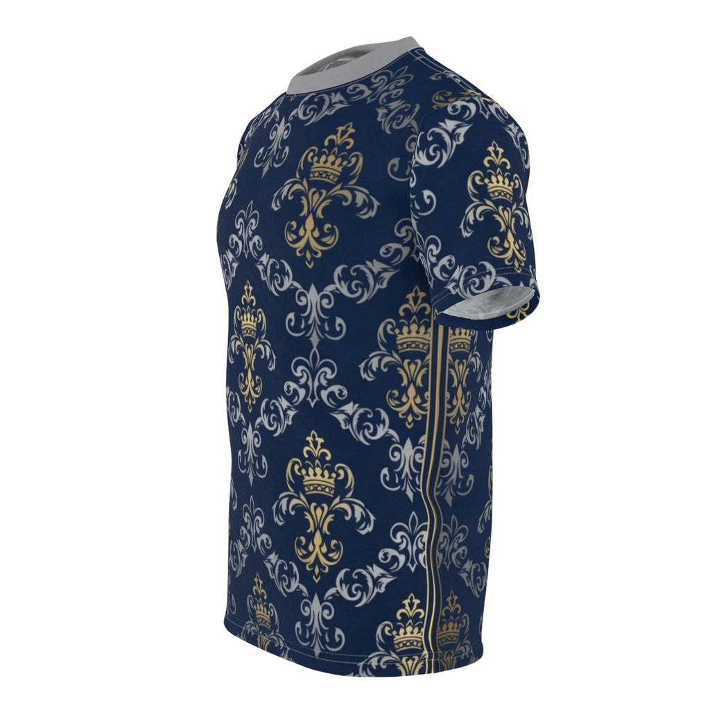 Royal Crest Pattern Tee — Navy Gold Damask All-Over Print T-Shirt