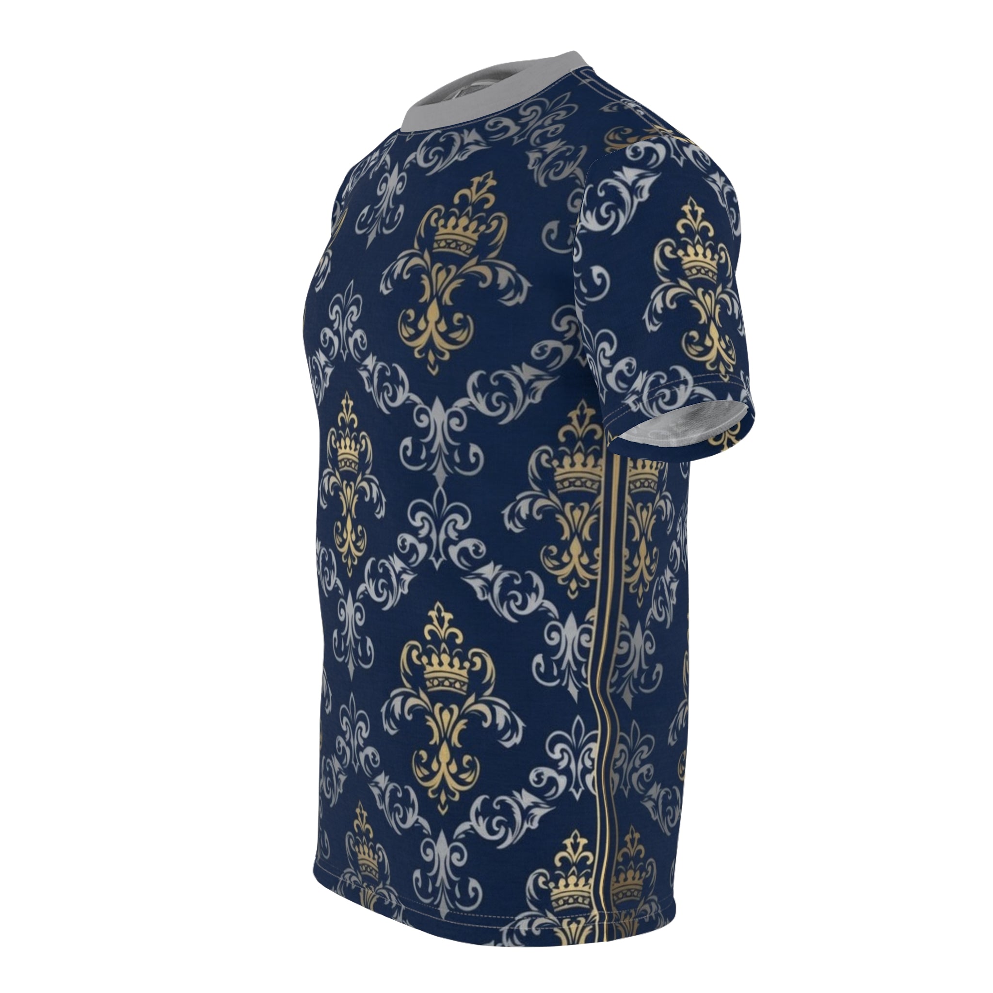 Royal Crest Pattern Tee — Navy Gold Damask All-Over Print T-Shirt