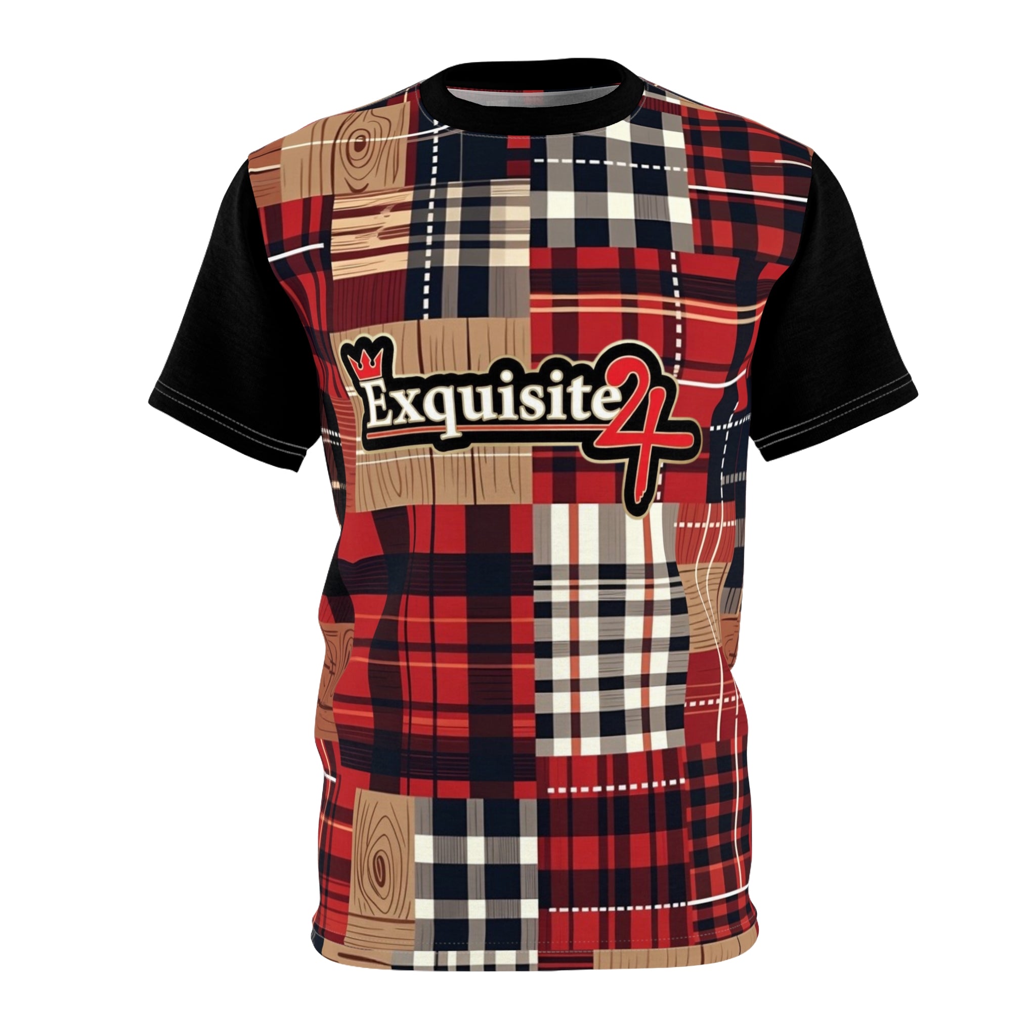 Exquisite 24 Plaid Patchwork Tee — Red Plaid All-Over Print Shirt