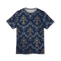 Royal Crest Pattern Tee — Navy Gold Damask All-Over Print T-Shirt