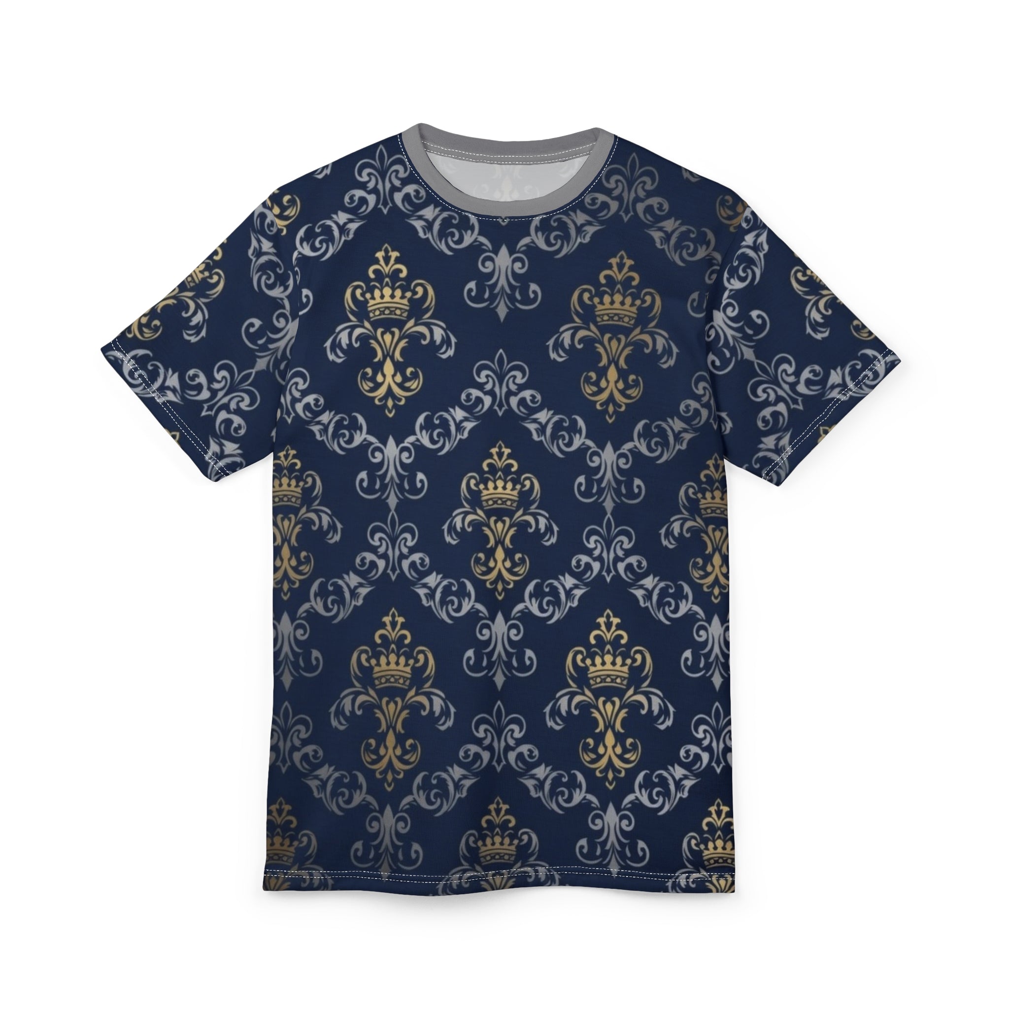 Royal Crest Pattern Tee — Navy Gold Damask All-Over Print T-Shirt