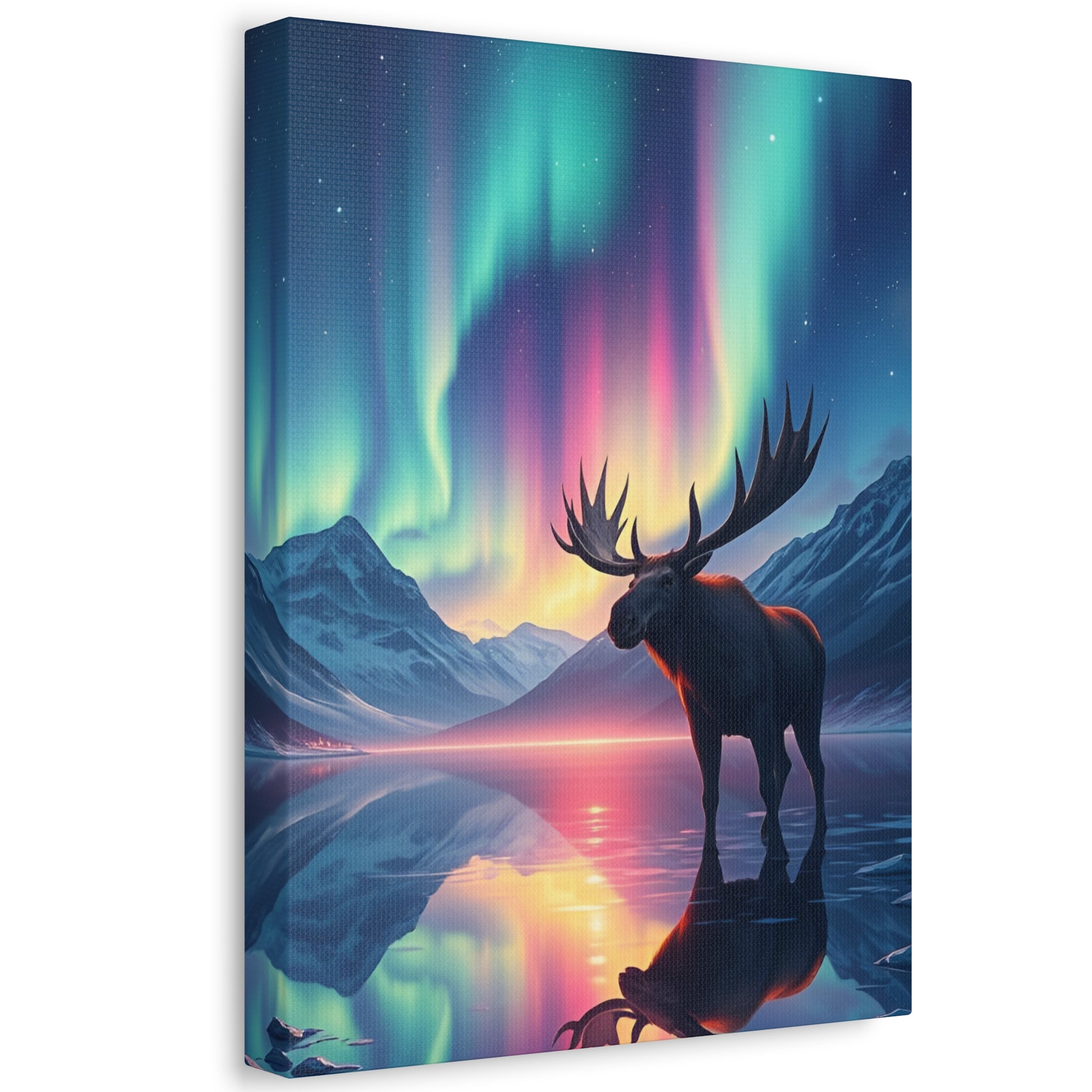 Aurora Moose Stretched Canvas – Northern Lights Landscape Wall Art
