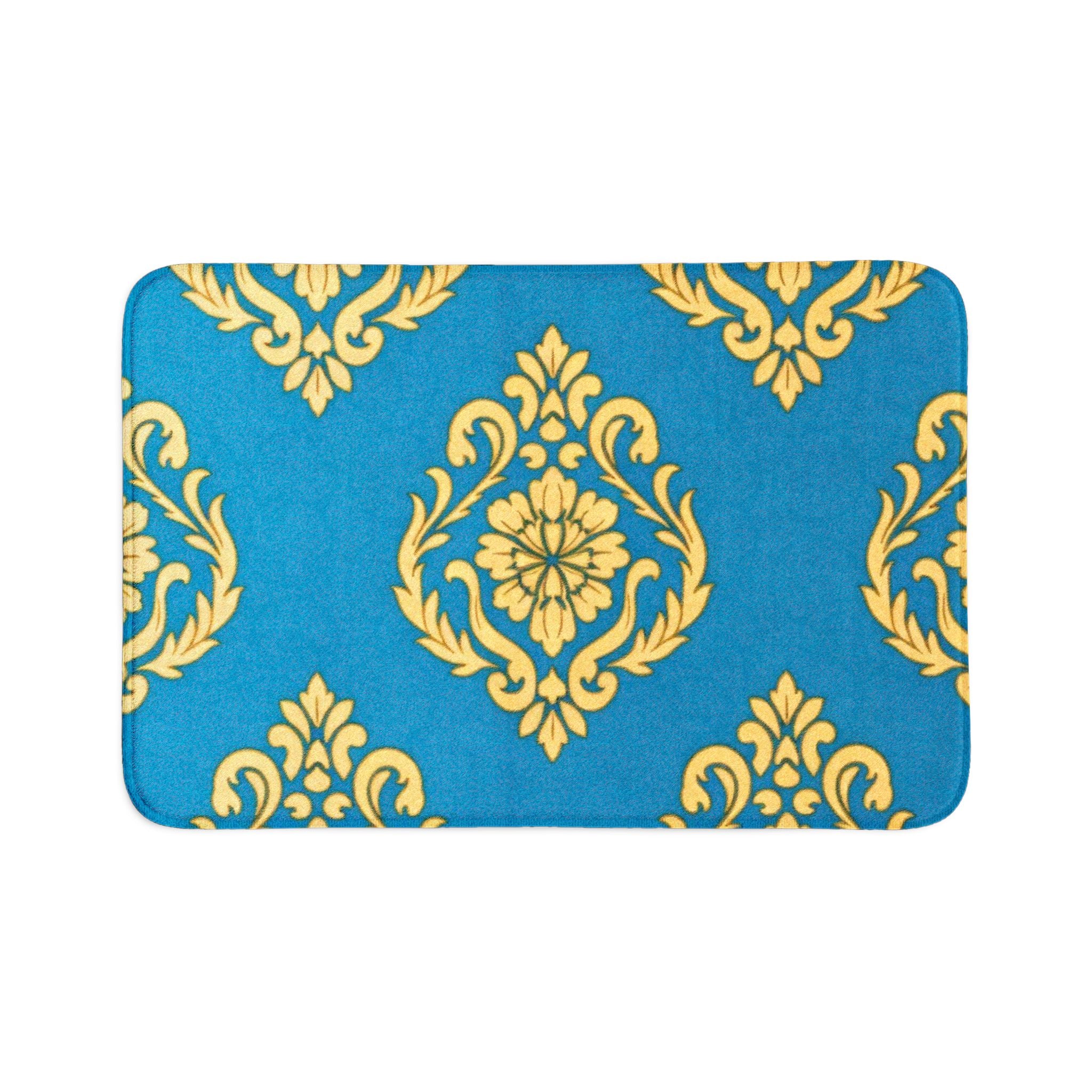 Blue & Gold Damask Toilet Seat Cover Set – 3-Piece Bathroom Rug & Lid Cover