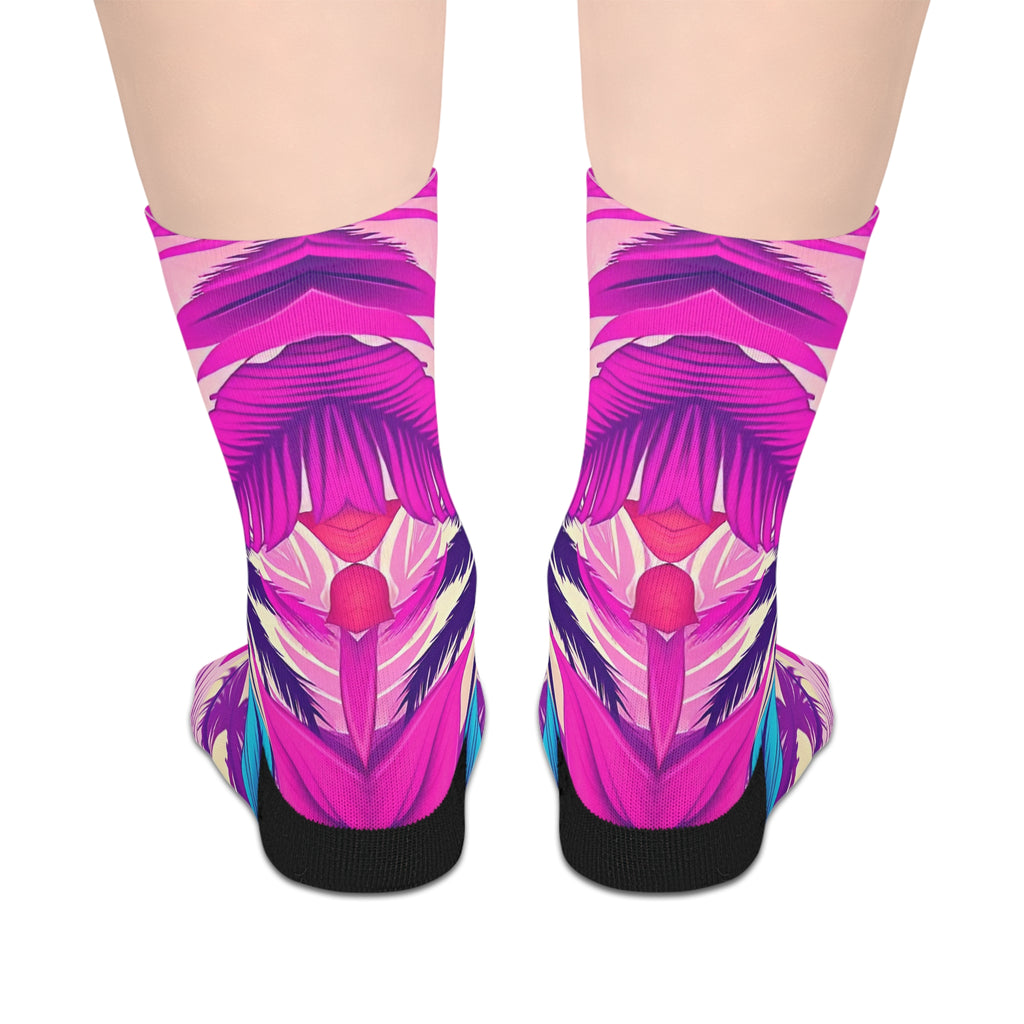 Vibrant Pink Tropical Palm Mid-Length Socks — Bold Summer Vacation Crew Socks