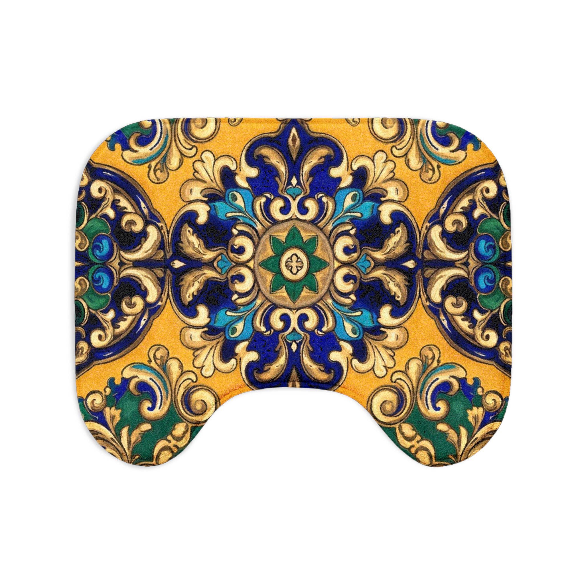 Mediterranean Tile Toilet Seat & Rug Set — 3-Piece Bathroom Decor