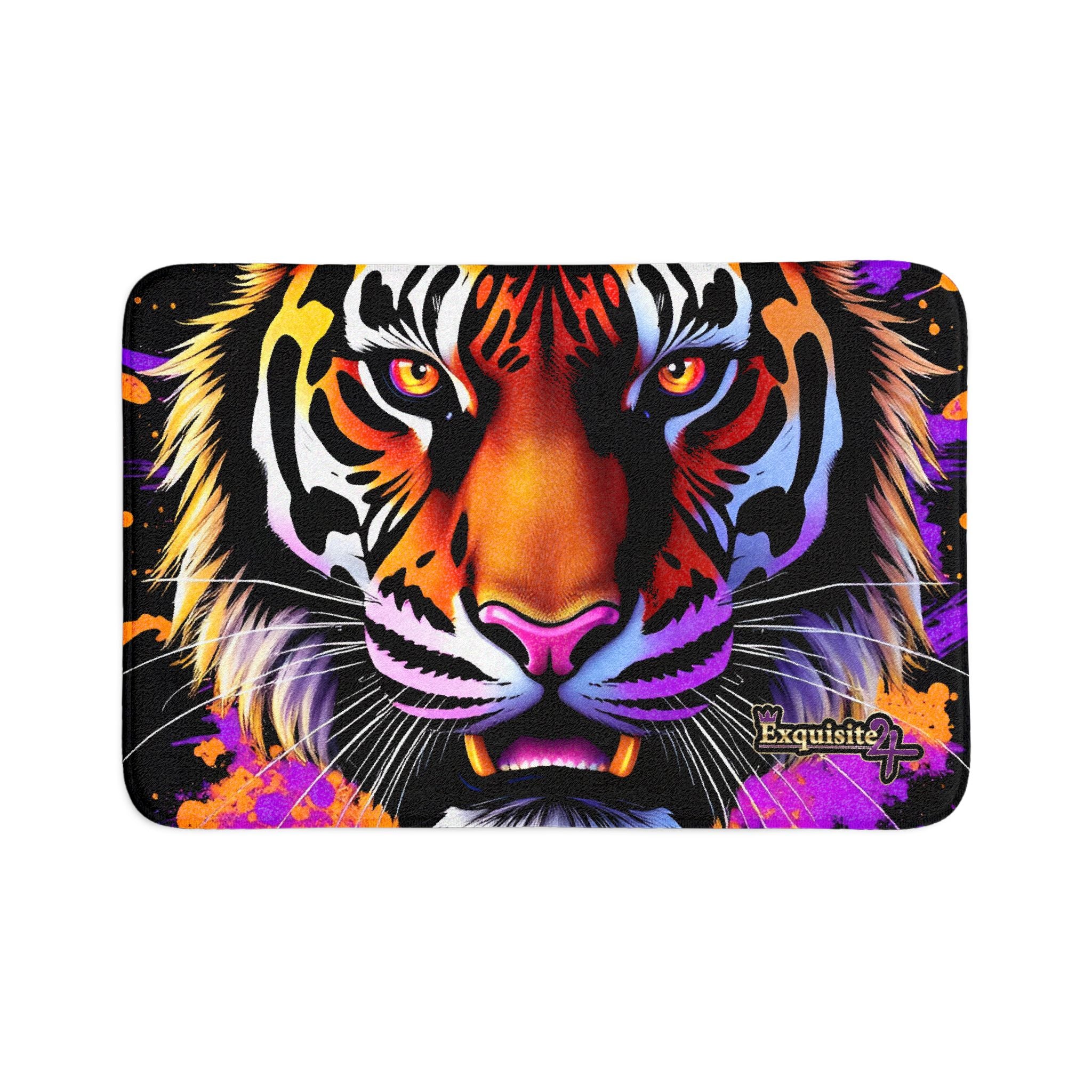 Tiger Splash Toilet Three-Piece Set — Vibrant Tiger Face & Purple-Yellow Splash Bath Mat Set